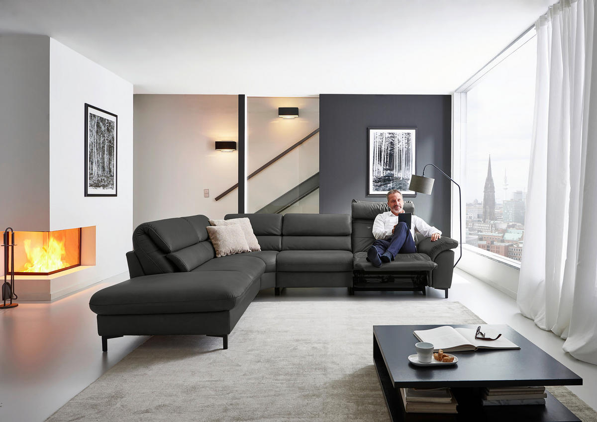 ECKSOFA Valdera Schwarz Echtleder  - Schwarz, Design, Leder/Metall (246/280cm) - Hukla