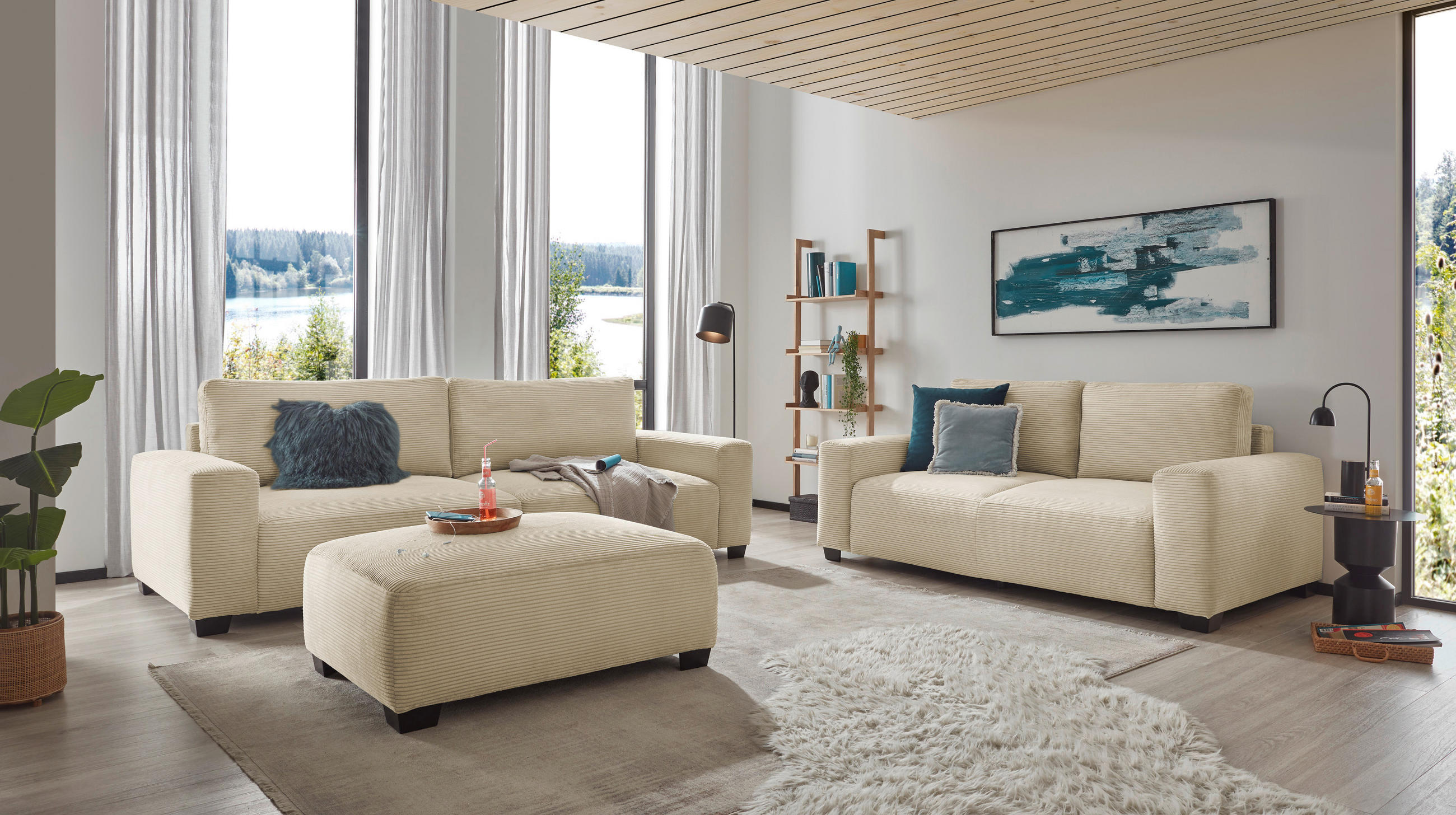 3-SITZER-SOFA Cord Beige  - Beige/Schwarz, MODERN, Kunststoff/Textil (274/93/113cm) - Livetastic