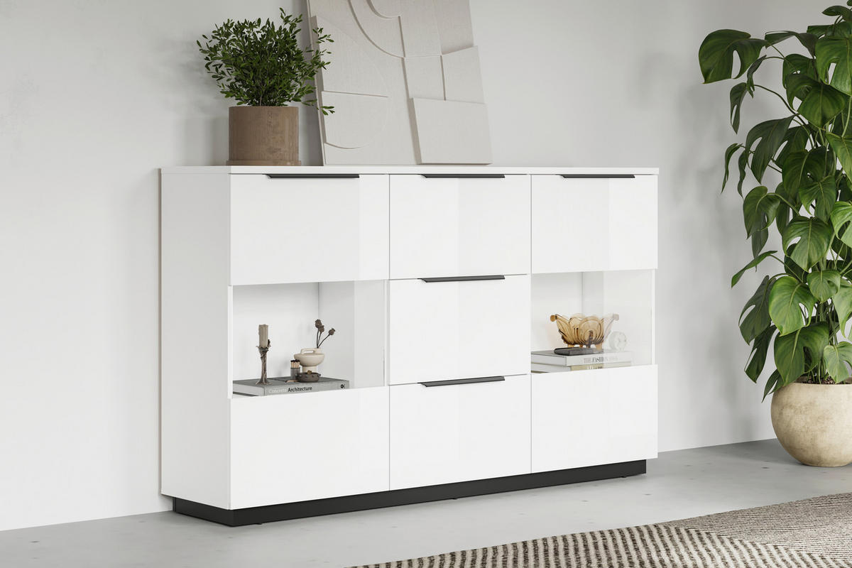 HIGHBOARD Tuluza 180/109,2/40,5 cm 3 Schublade(n)  - Weiss Hochglanz/Weiss, Design, Glas/Holzwerkstoff (180/109,2/40,5cm) - MID.YOU