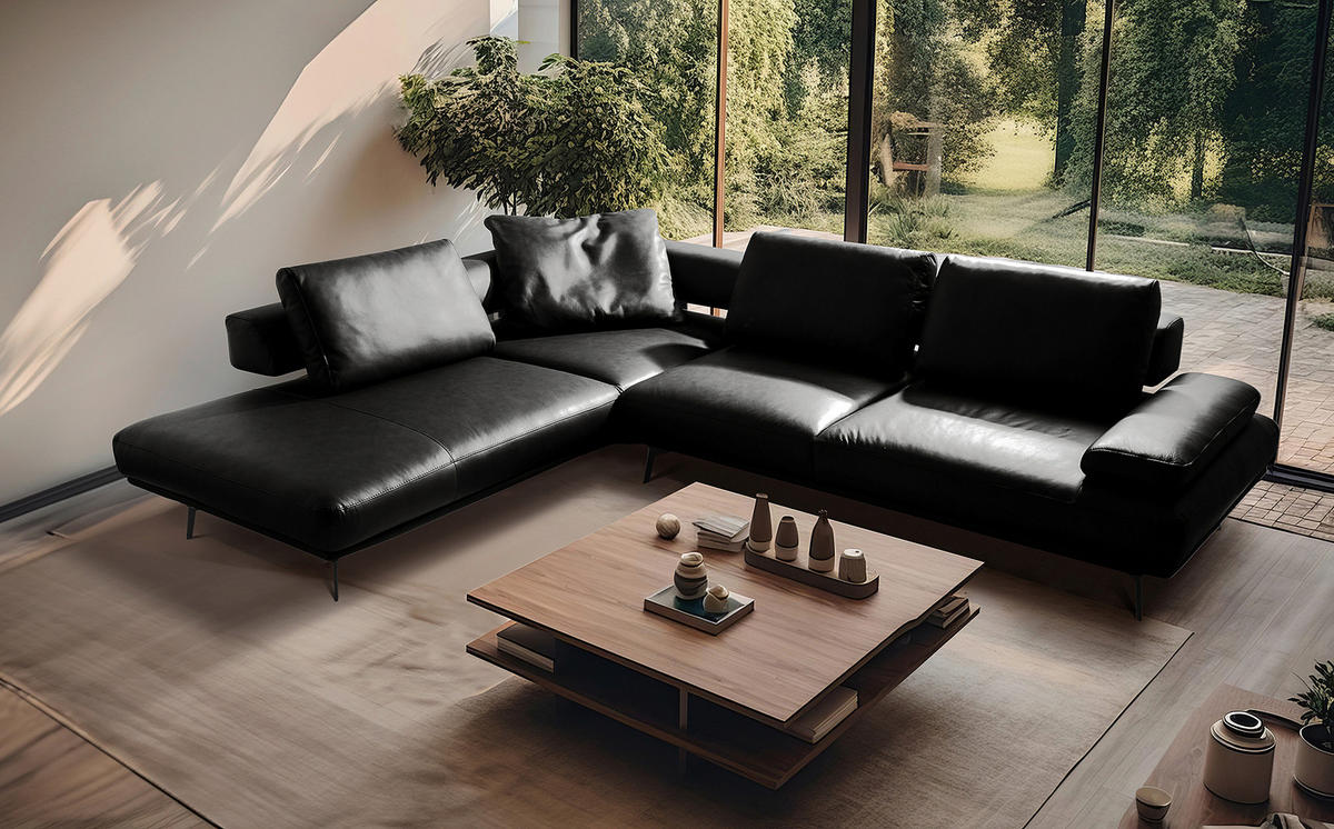 ECKSOFA Schwarz Echtleder  - Schwarz/Grau, Design, Leder/Metall (237/306cm) - Livetastic