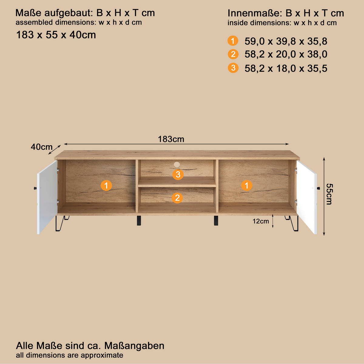 LOWBOARD TOUCH  183/56/40 cm  - Schwarz/Weiß, Design, Holzwerkstoff/Kunststoff (183/56/40cm) - MID.YOU