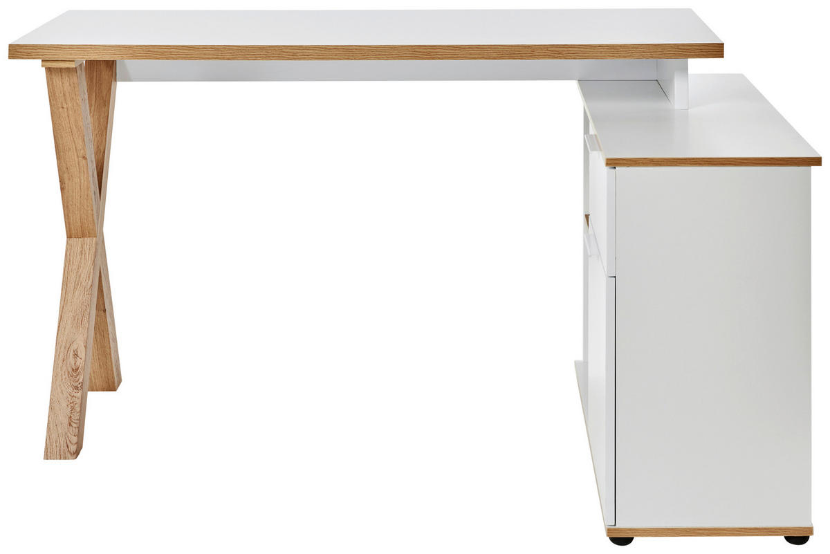 ECKSCHREIBTISCH 140/95/76 cm  in Weiss, Eichefarben  - Weiss/Eichefarben, Modern, Holzwerkstoff/Metall (140/95/76cm) - Livetastic