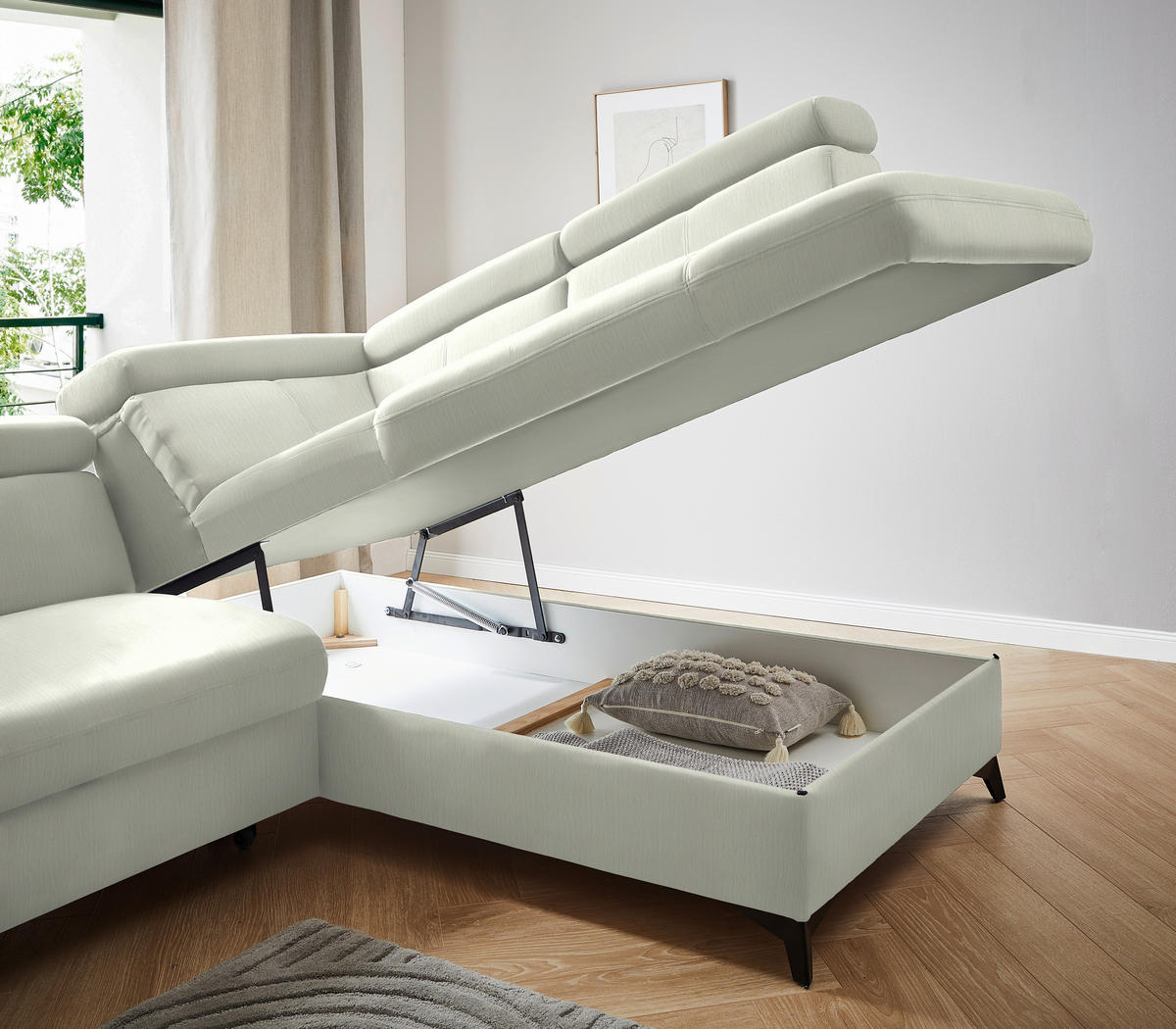 ECKSOFA in Flachgewebe Weiss  - Weiss/Schwarz, Design, Textil/Metall (260/203cm) - Stylife