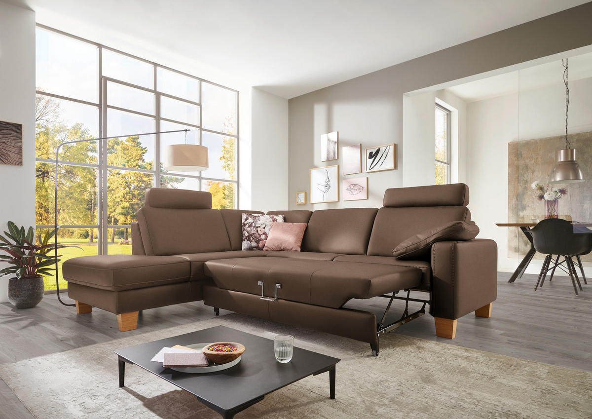 ECKSOFA in Echtleder Graubraun  - Eiche Bianco/Graubraun, Konventionell, Leder/Holz (235/257cm) - Valdera