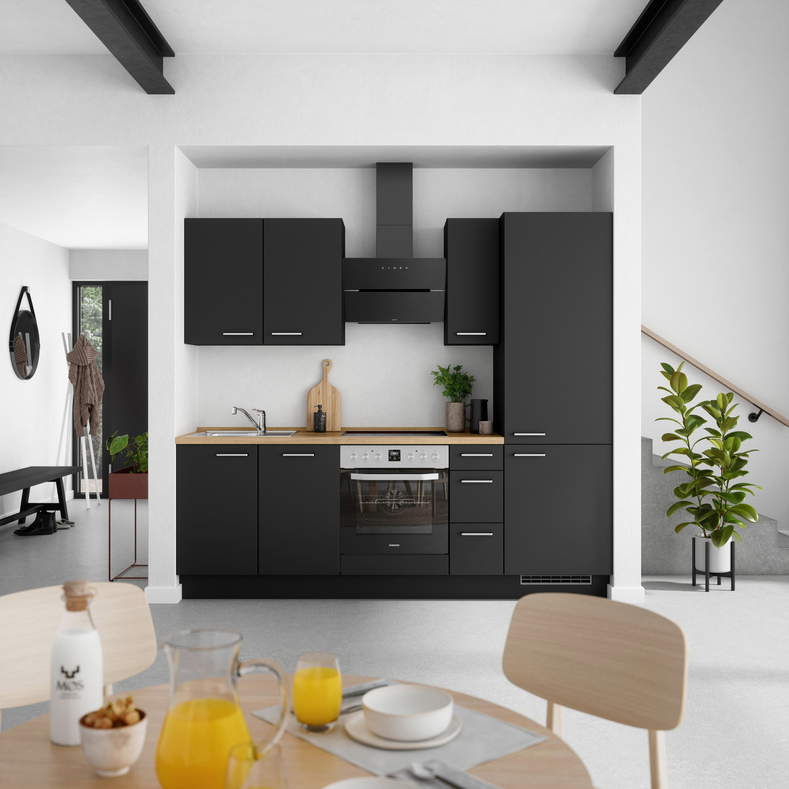 KÜCHENBLOCK 240 cm   in Schwarz, Eichefarben  - Edelstahlfarben/Eichefarben, MODERN, Holzwerkstoff/Metall (240cm) - Nobilia