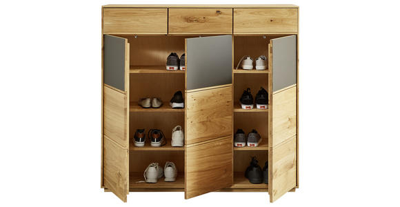 SCHUHSCHRANK Eiche massiv Grau, Eichefarben - Eichefarben/Grau, Natur, Glas/Holz (129,8/123/38cm) - Waldwelt