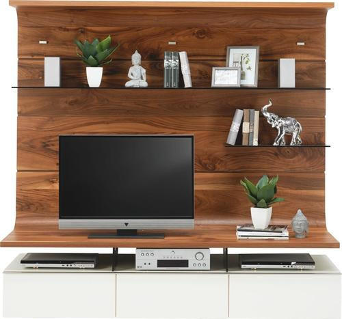 WOHNWAND Astnuss furniert Weiß, Nussbaumfarben - Nussbaumfarben/Weiß, Design, Glas/Holz (195/186,8/41,2-55,7cm) - Moderano