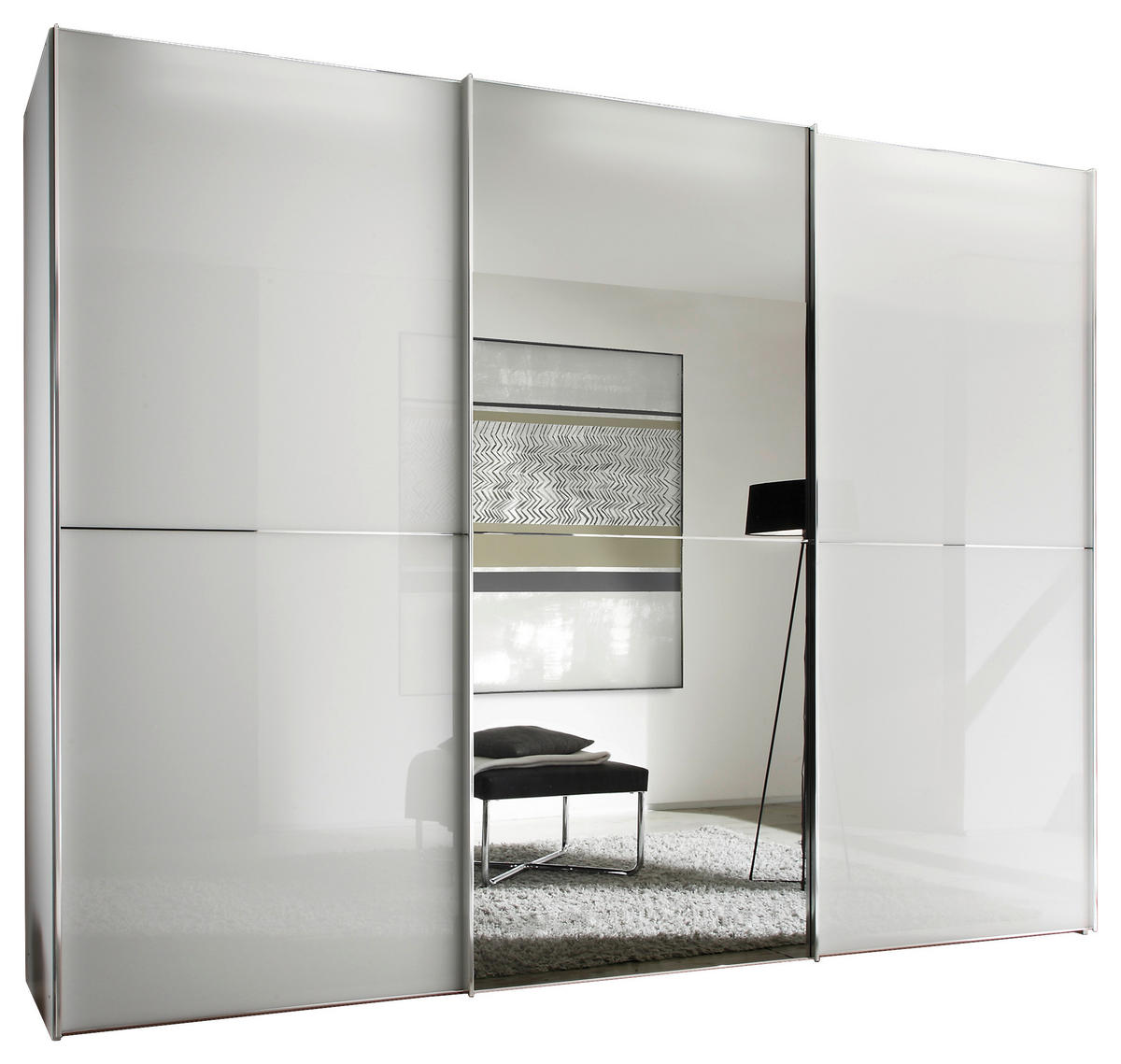 SCHWEBETÜRENSCHRANK  in Weiß  - Chromfarben/Weiß, Design, Glas/Holzwerkstoff (280/222/68cm) - Moderano