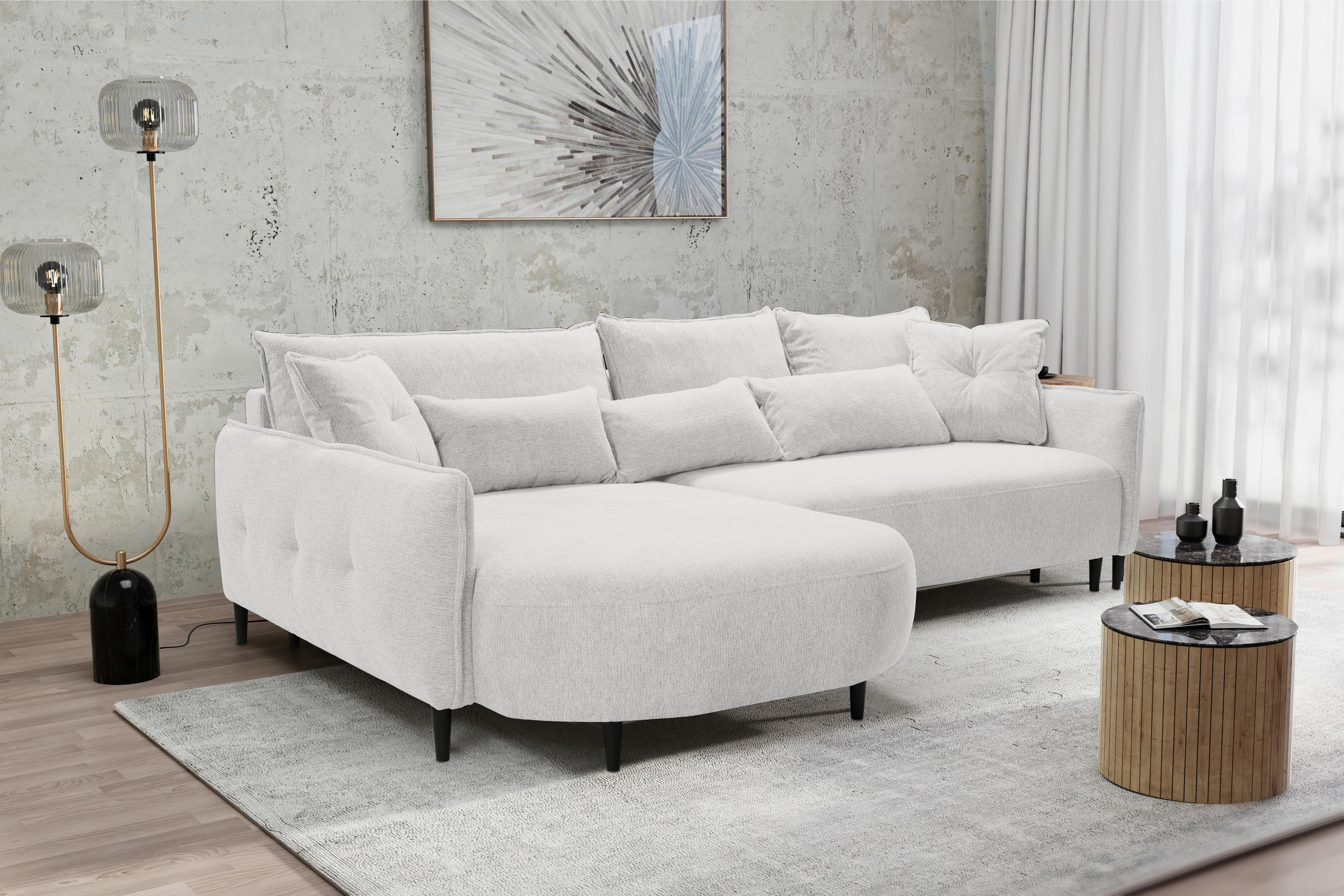 ECKSOFA in Chenille Creme  - Creme/Schwarz, Modern, Textil/Metall (200/285cm) - MID.YOU