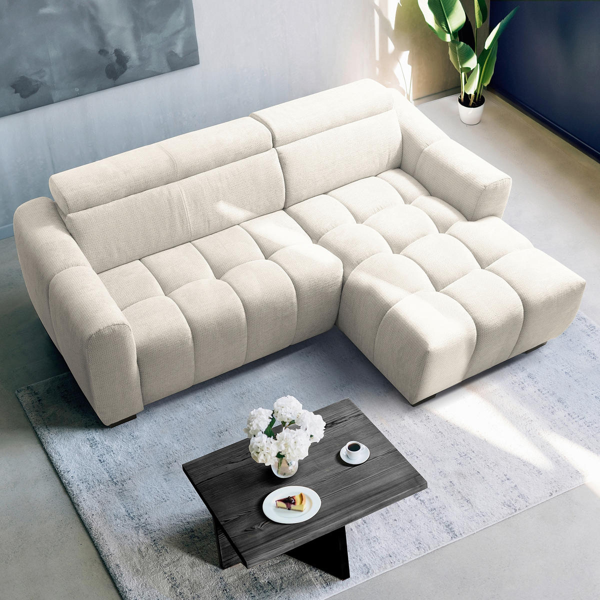 ECKSOFA AVEIRO Weiß Webstoff Bettkasten, Kopfteilverstellung, Sitzvorzug  - Schwarz/Weiß, Design, Kunststoff/Textil (274/177cm) - Livetastic