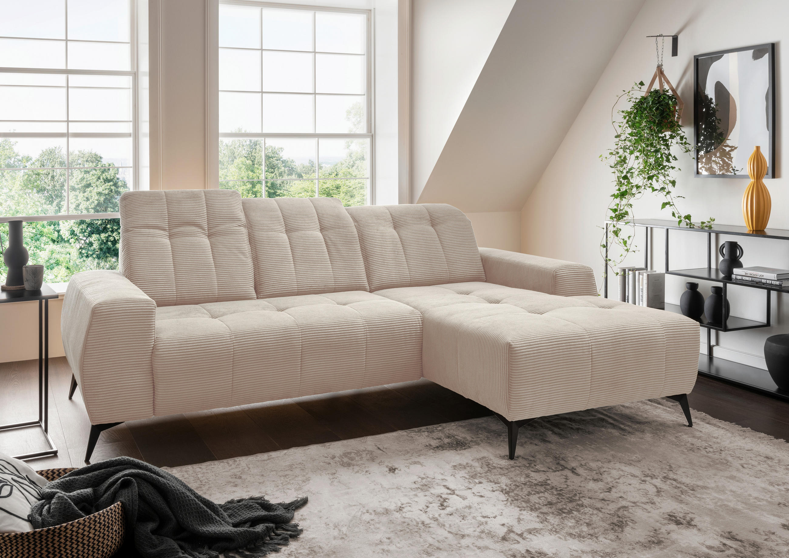 ECKSOFA in Cord Beige  - Beige/Schwarz, Modern, Textil/Metall (258/180cm) - Livetastic
