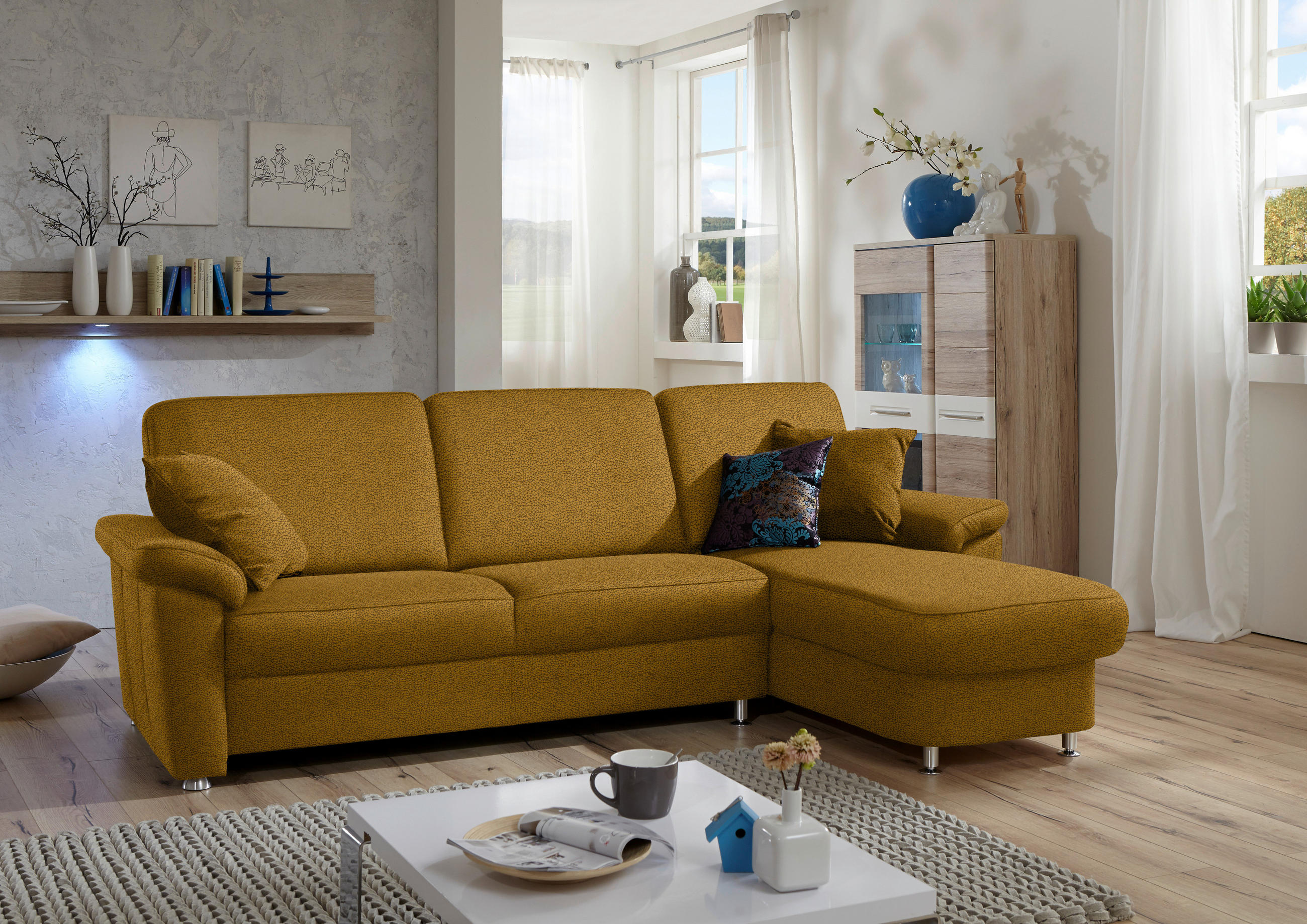 ECKSOFA in Flachgewebe Braun, Grün  - Chromfarben/Braun, Konventionell, Textil/Metall (250/163cm) - Beldomo System