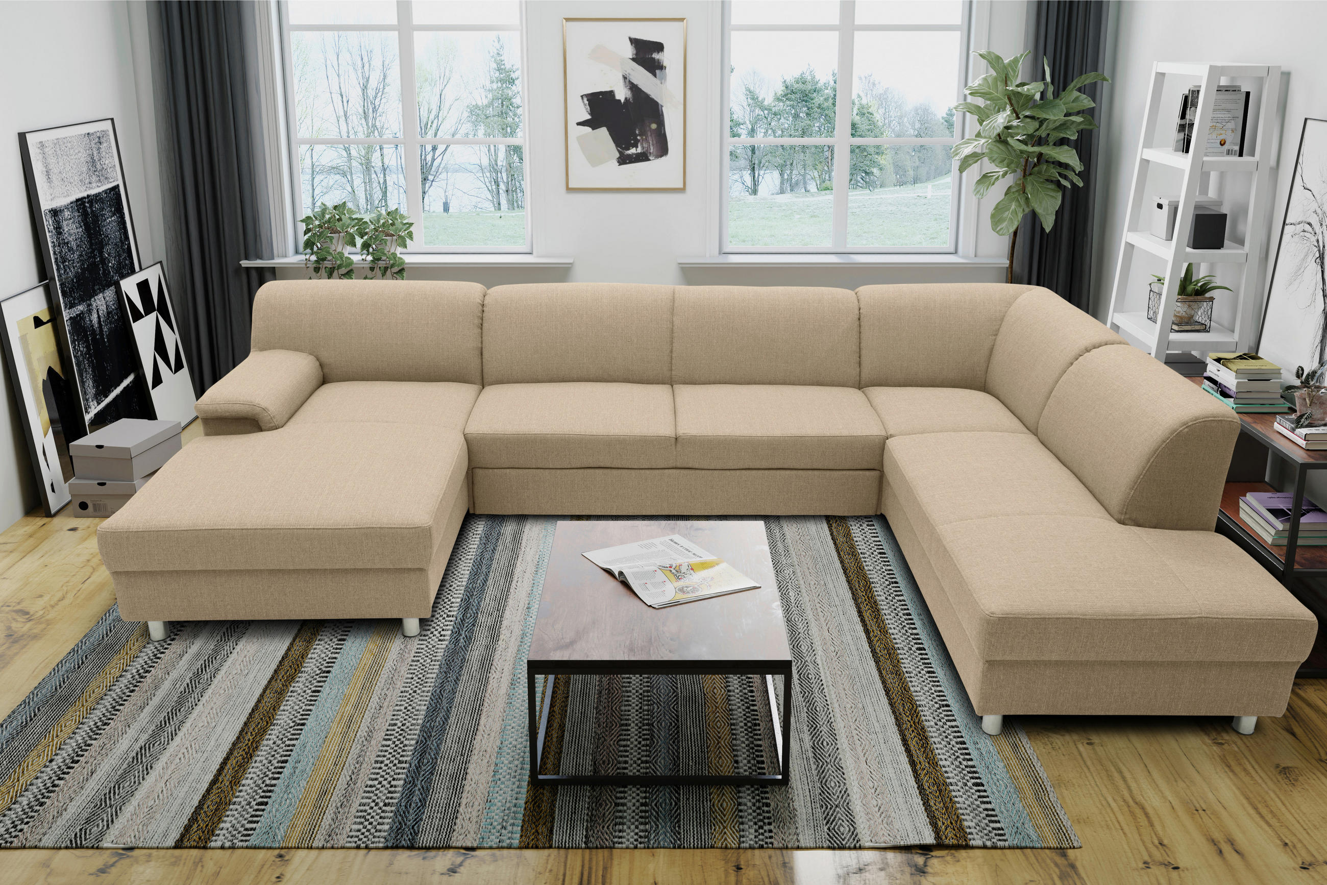 Thumbnail - Mid.you Wohnlandschaft, Beige, Textil, Uni, 5-Sitzer, Ottomane rechts, U-Form, 308x194 cm, Made in EU, Rücken echt, Armt...