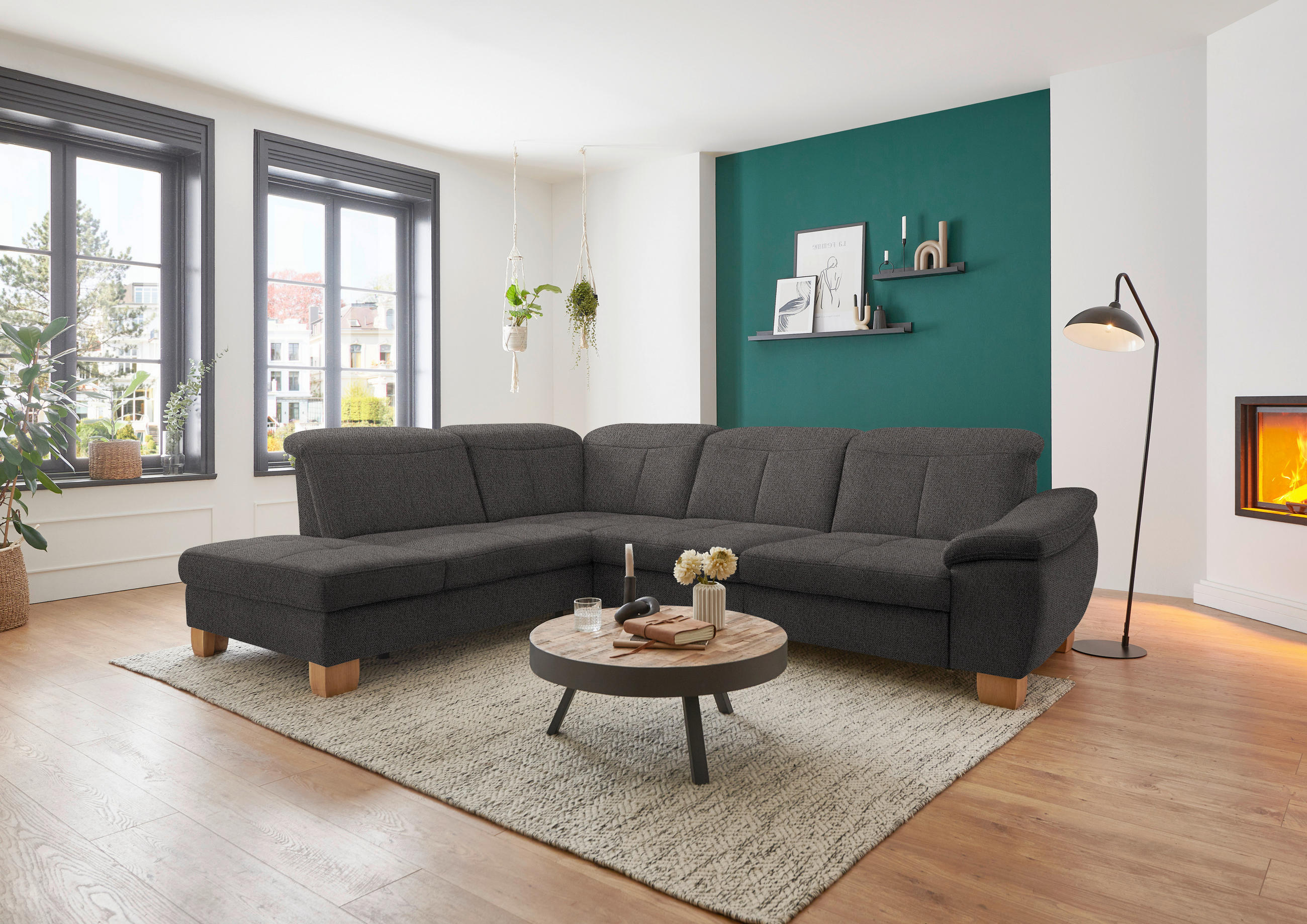 ECKSOFA in Flachgewebe Dunkelbraun  243/301 cm  - Wildeiche/Dunkelbraun, Natur, Holz/Textil (243/301cm) - Voleo