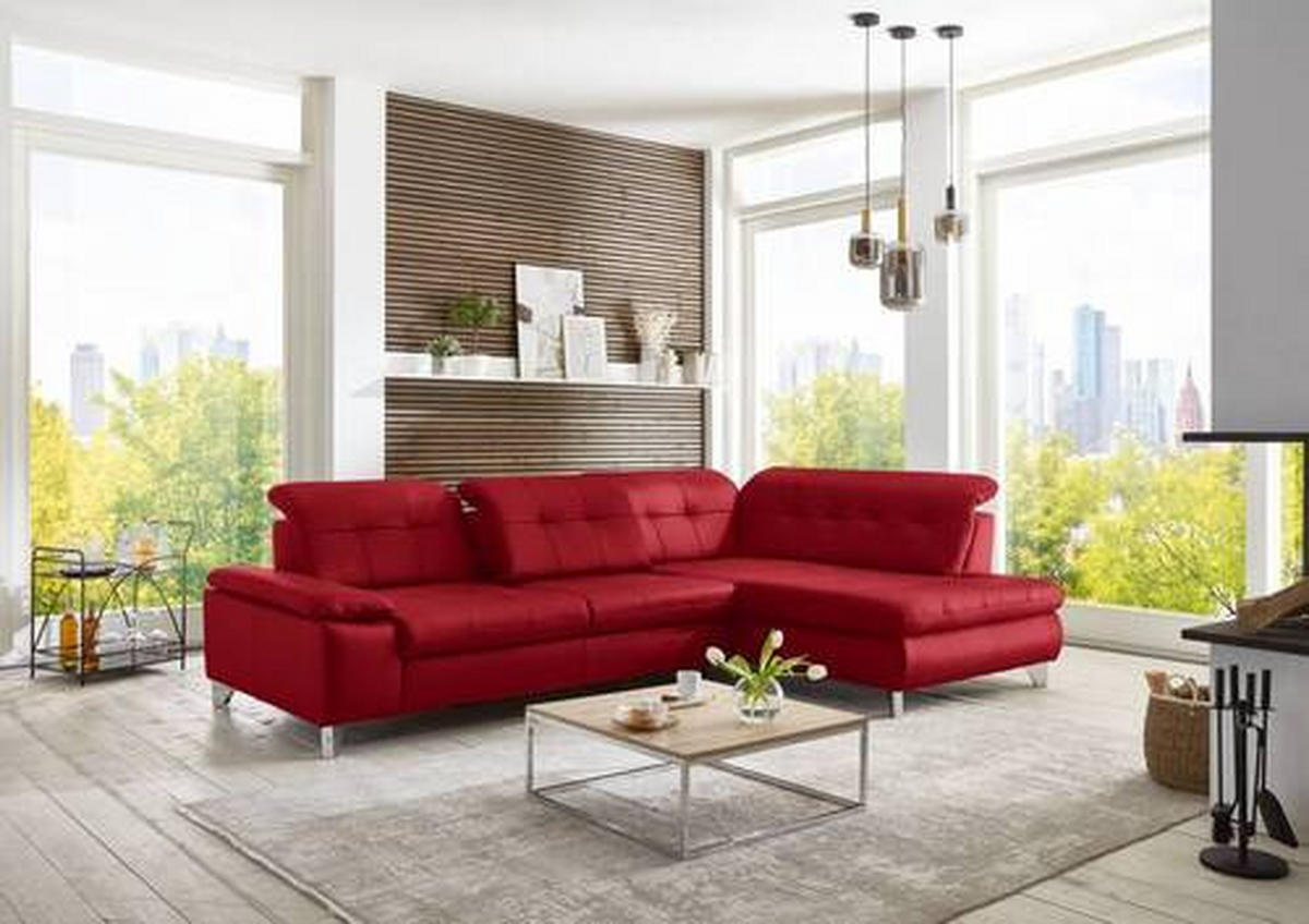 ECKSOFA in Echtleder Rot  - Rot/Alufarben, Design, Leder/Metall (309/211cm) - Beldomo Speed