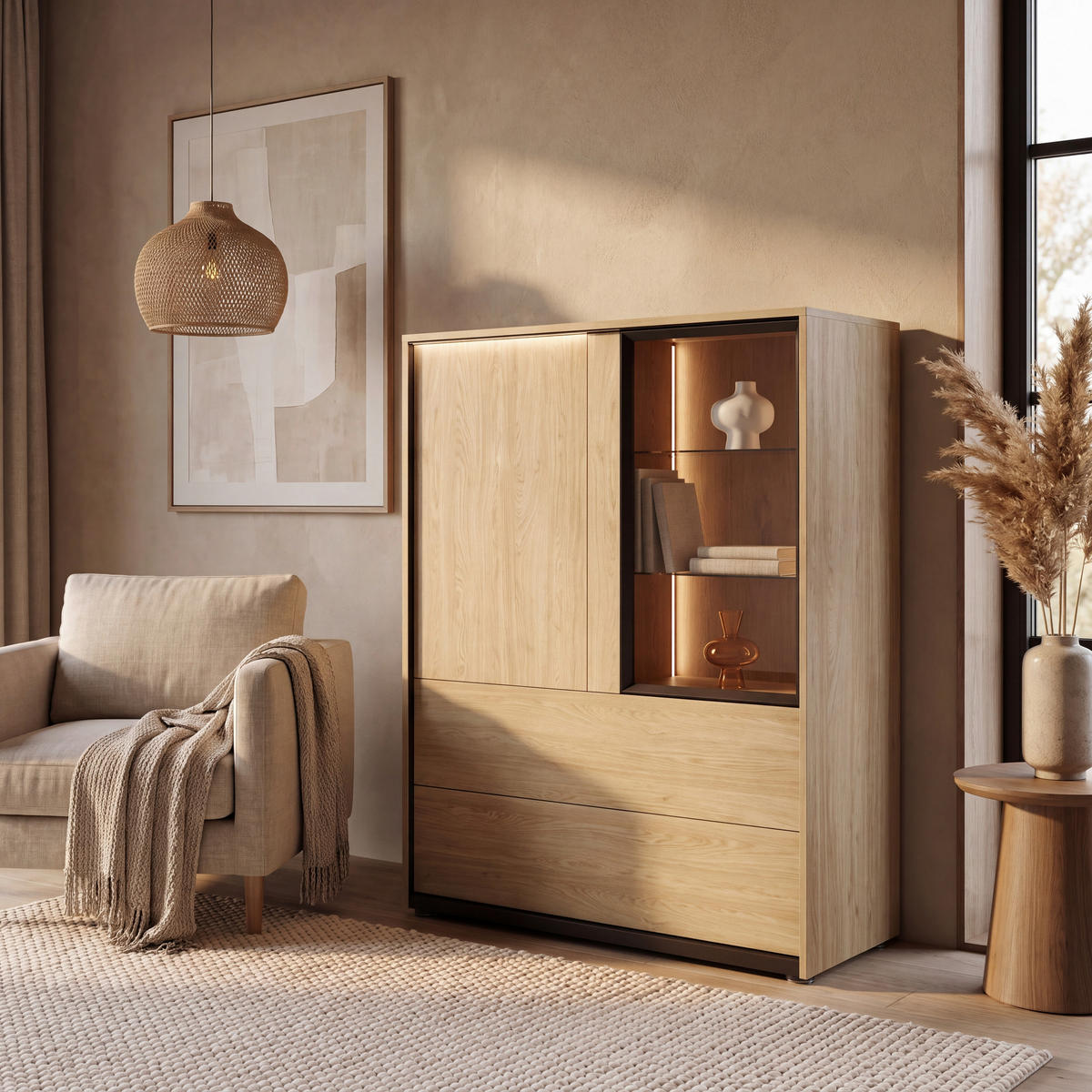 HIGHBOARD FRAME 100/131/40 cm 2 Schublade(n)  - Eichefarben/Schwarz, MODERN, Glas/Holzwerkstoff (100/131/40cm) - Stylife
