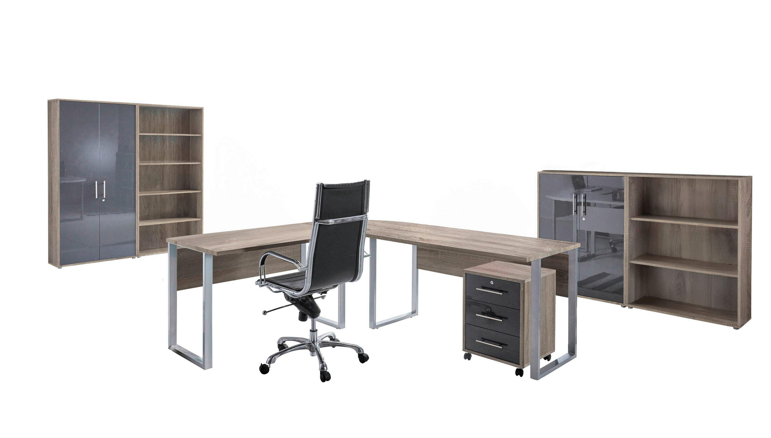 BÜRO erweiterbar, in verschiedenen Holz-Dekoren erhältlich, Schreibtisch seitenverkehrt montierbar, abschließbar Sonoma Eiche, Anthrazit Hochglanz - Anthrazit Hochglanz/Sonoma Eiche, MODERN, Holzwerkstoff - MID.YOU
