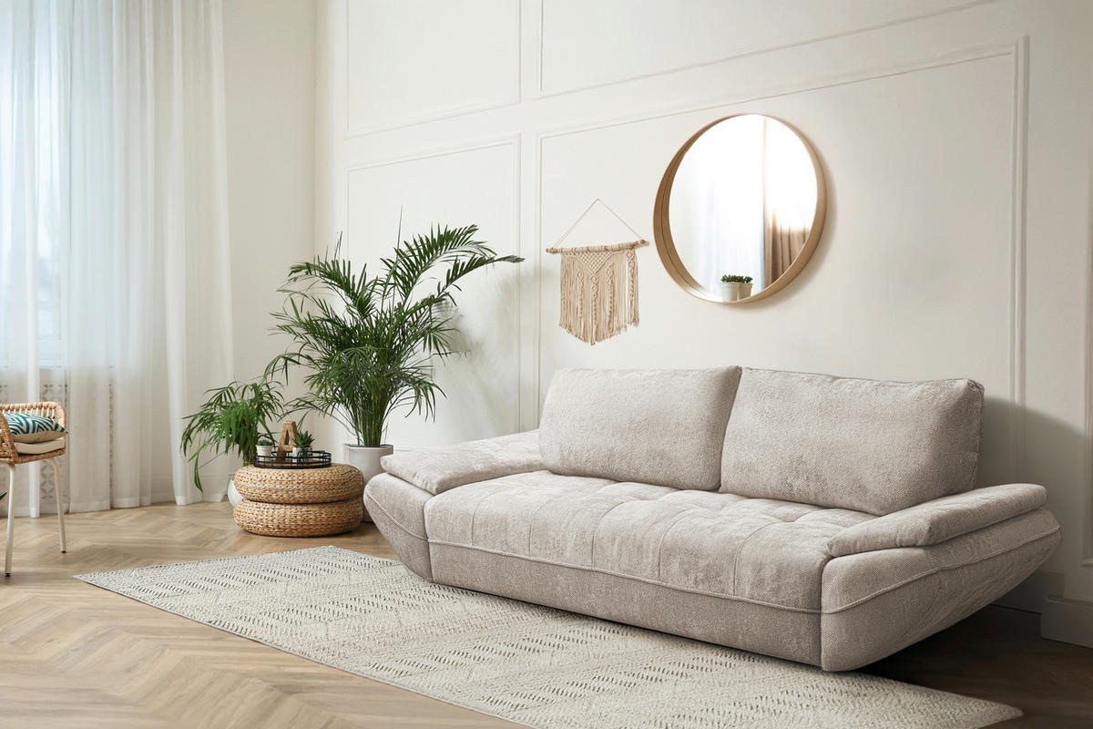 SCHLAFSOFA ELMA Struktur Sandfarben  inkl. Rückenkissen, Nierenkissen, Armlehnenkissen, Rücken echt  - Sandfarben/Schwarz, KONVENTIONELL, Holz/Kunststoff (280/73-93/107cm) - Livetastic