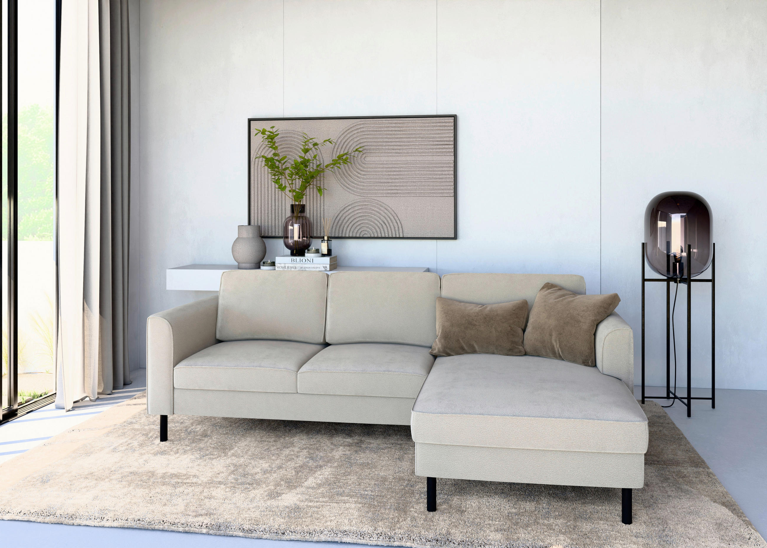 ECKSOFA Struktur Weiss  - Weiss/Schwarz, Modern, Textil/Metall (232/161cm) - Trendmanufaktur