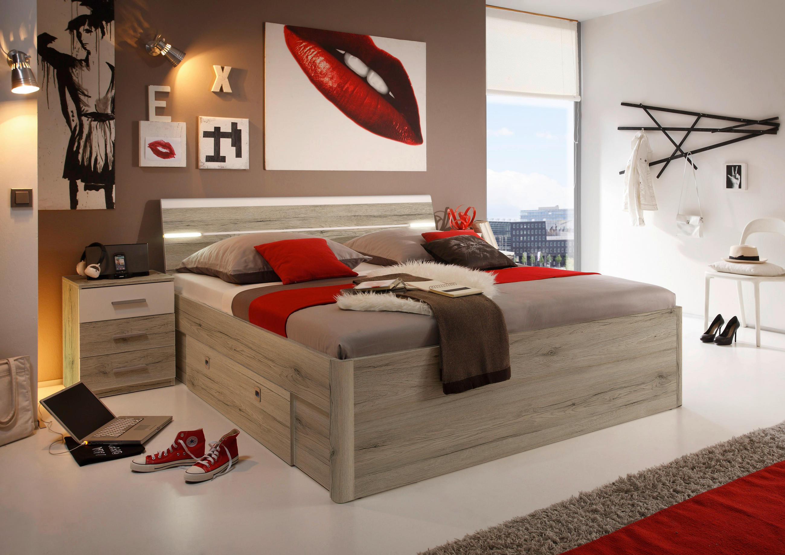 POSTELJA S PREDALOM 180 cm   x 200 cm  , bela, barve hrasta  - barve hrasta/bela, Design, leseni material (180/200cm) - Xora