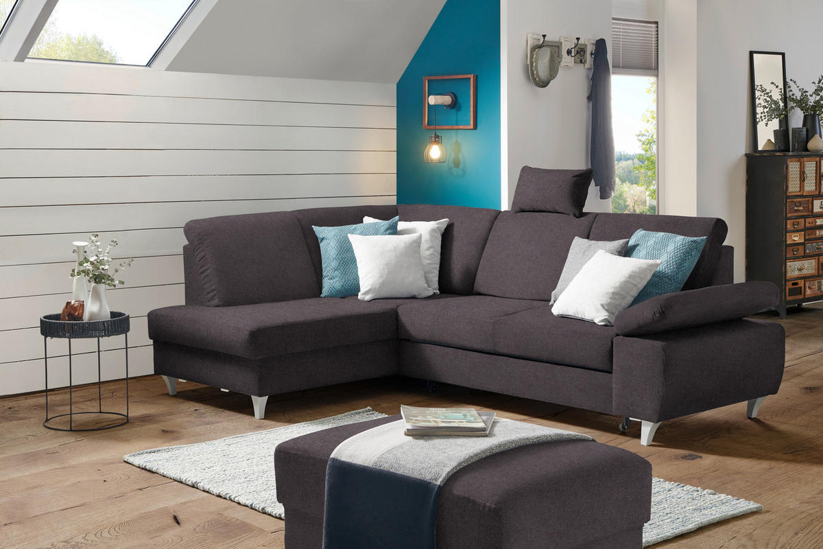 ECKSOFA in Flachgewebe Graubraun  186/255 cm  - Graubraun/Silberfarben, KONVENTIONELL, Holz/Textil (186/255cm) - Cantus
