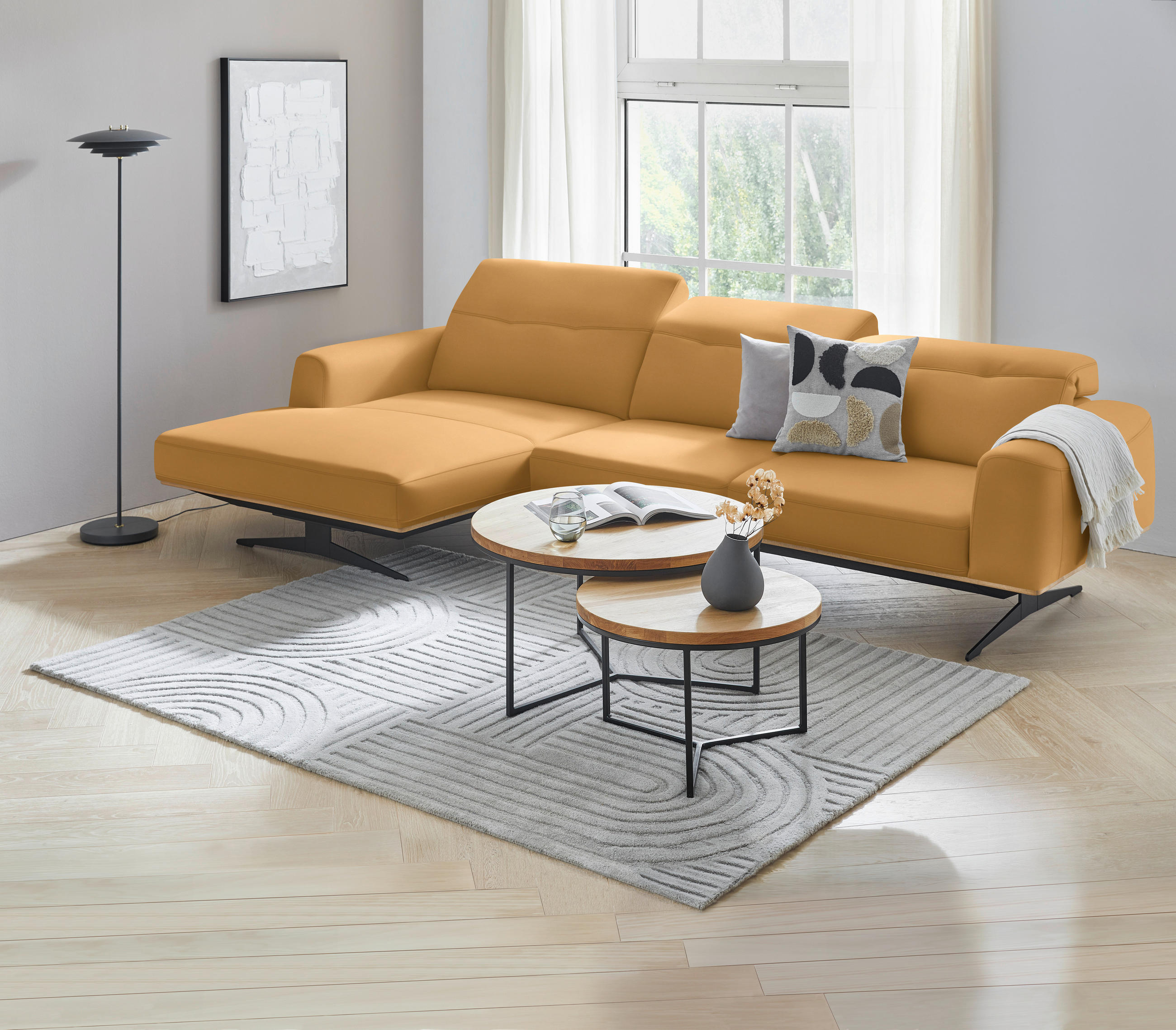 ECKSOFA in Echtleder Senfgelb  - Eichefarben/Senfgelb, Design, Leder/Holz (163/305cm) - Novel