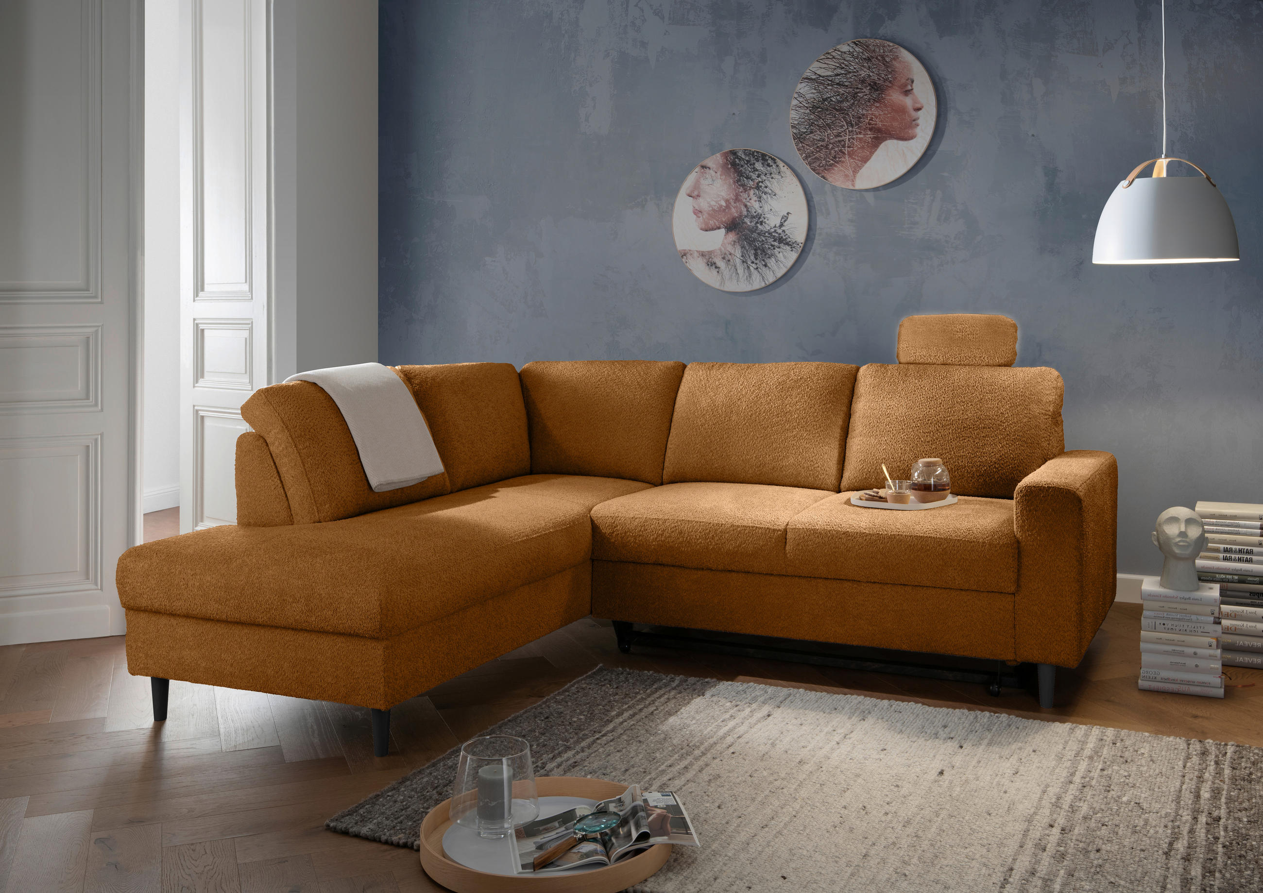 ECKSCHLAFSOFA in Goldfarben Textil   - Goldfarben/Schwarz, Modern, Holz/Textil (200/242cm) - Livetastic