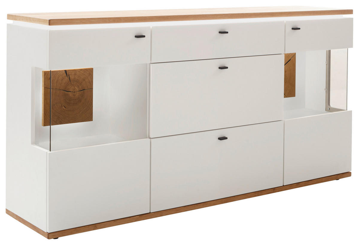 ŠIROKA KOMODA, bela, hrast bianco  - bela/hrast bianco, Design, kovina/steklo (180/92/44cm) - Hom`in