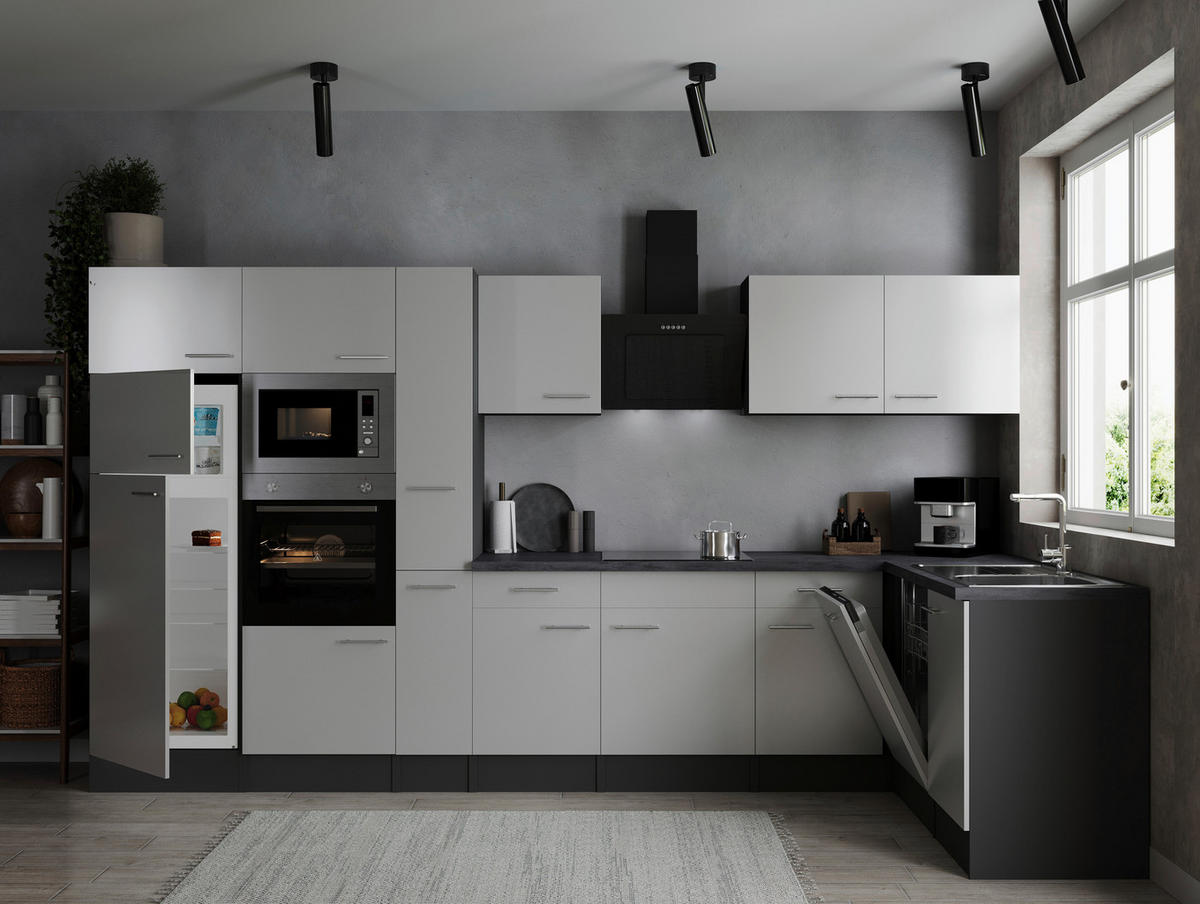 ECKKÜCHE 370/172 cm  in Weiß, Grau  - Silberfarben/Weiß, Design, Holzwerkstoff/Metall (370/172cm) - Respekta