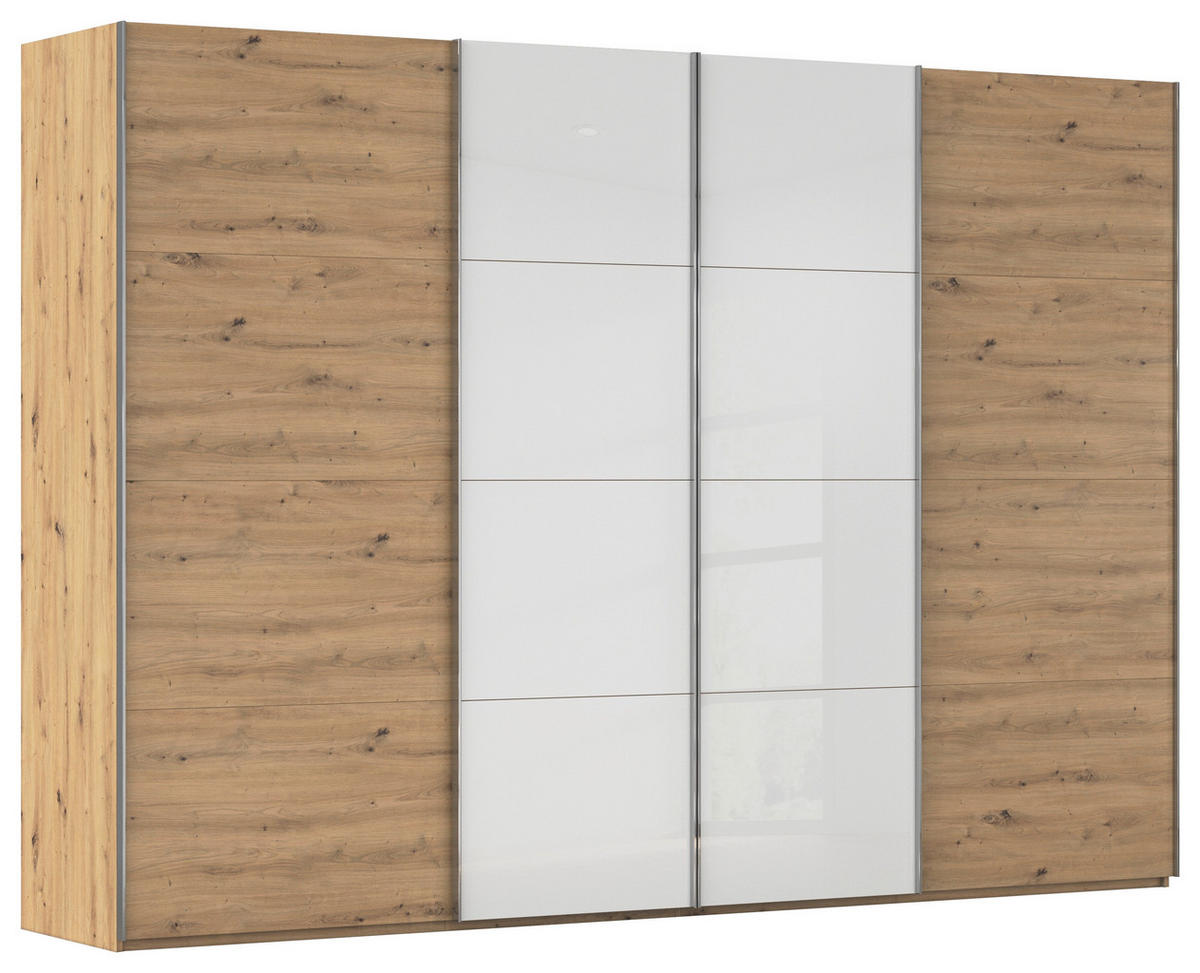 SCHWEBETÜRENSCHRANK 316/235/68 cm 4-türig Weiß, Eiche Artisan  - Chromfarben/Weiß, KONVENTIONELL, Glas/Holzwerkstoff (316/235/68cm) - Novel