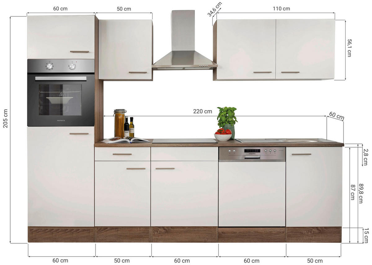 KÜCHENBLOCK 280 cm   in Schwarz, Eichefarben  - Edelstahlfarben/Eichefarben, Design, Holzwerkstoff/Metall (280cm) - Respekta