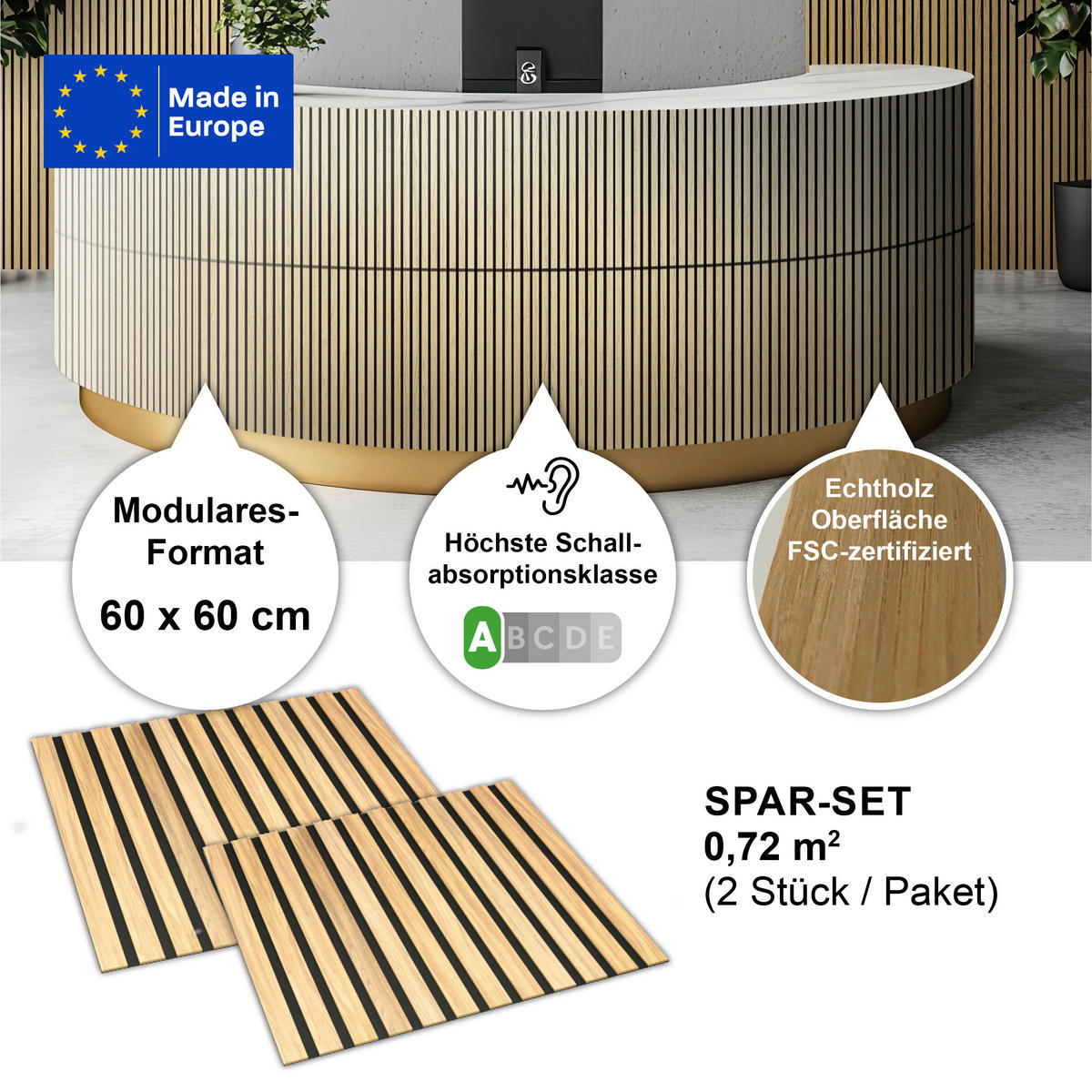 AKUSTIKPANEEL Echtholz Wallution PRO 2 Stück  - Eichefarben, Basics, Holz/Holzwerkstoff (60/60/0.75cm) - Novel
