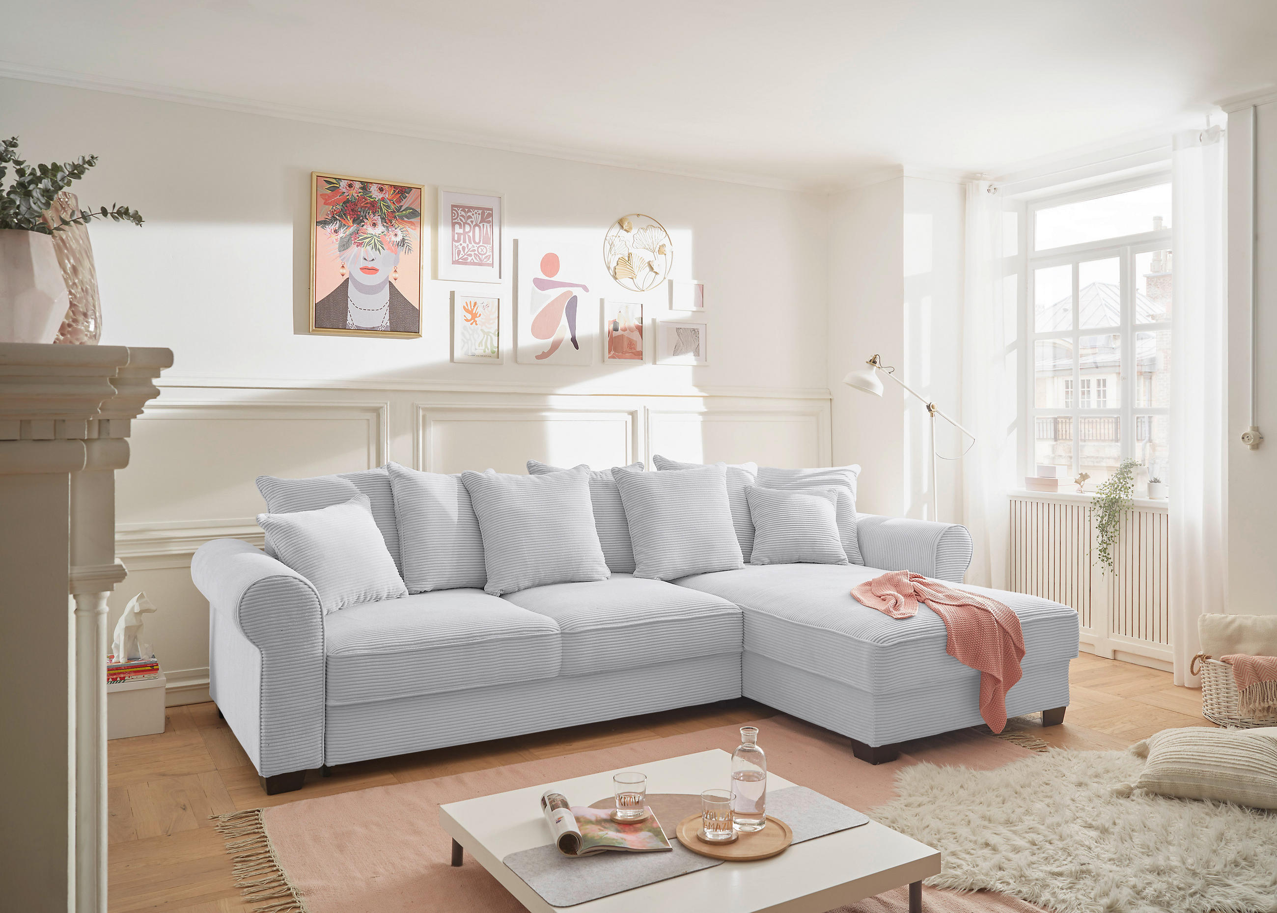 ECKSOFA Hellgrau Cord  - Hellgrau/Schwarz, KONVENTIONELL, Kunststoff/Textil (318/197cm) - Hom`in