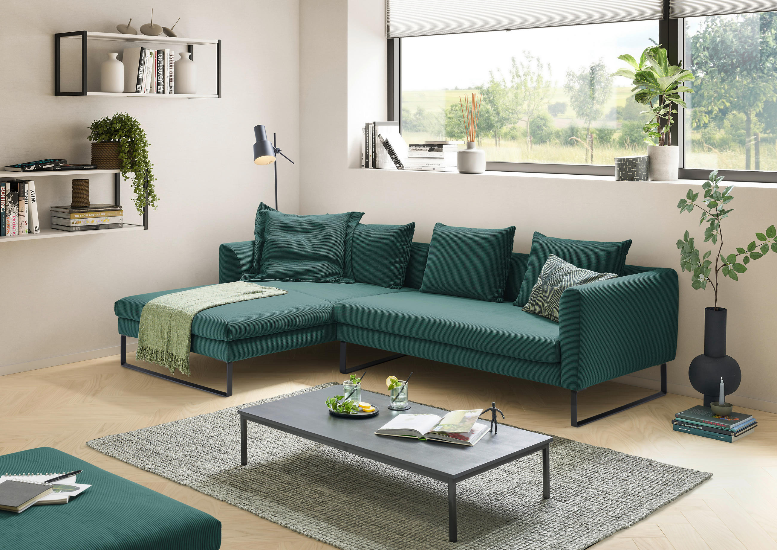 ECKSOFA in Feincord Grün  - Schwarz/Grün, Konventionell, Textil/Metall (178/284cm) - Hom`in