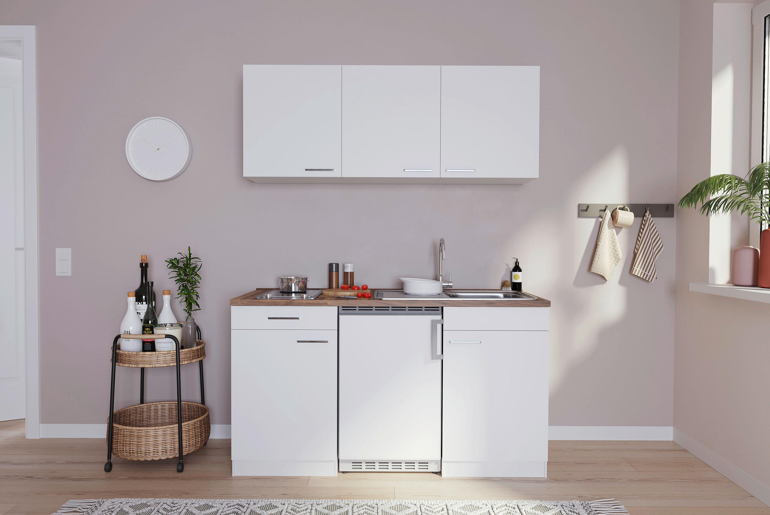 MINIKÜCHE Singleküchen 150 cm  in Weiß  - Edelstahlfarben/Nussbaumfarben, Basics, Holzwerkstoff/Kunststoff (150cm) - Respekta
