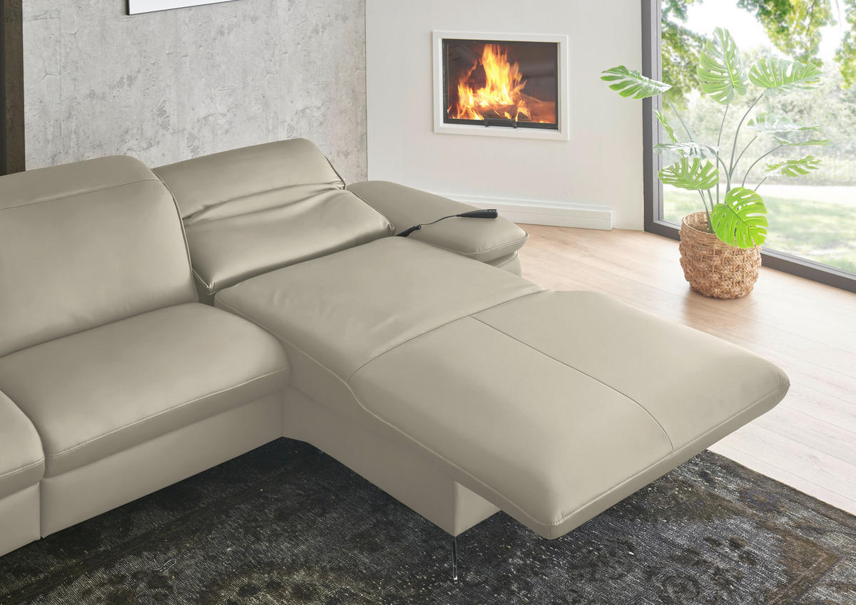 ECKSOFA  Echtleder Ecru  - Ecru/Schwarz, Design, Leder/Metall (307/169cm) - Beldomo Premium