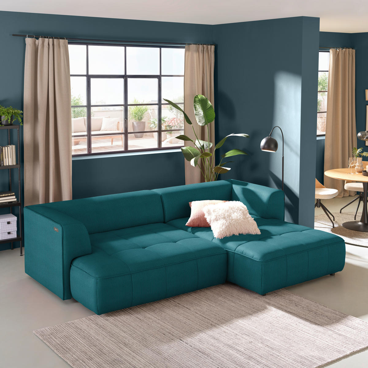 ECKSOFA Feincord Petrol  - Petrol/Schwarz, Design, Kunststoff/Textil (288/188cm) - Welnova