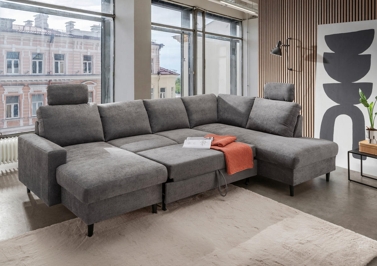 WOHNLANDSCHAFT in Chenille Dunkelgrau  - Dunkelgrau/Schwarz, Modern, Holz/Textil (153/305/200cm) - Livetastic