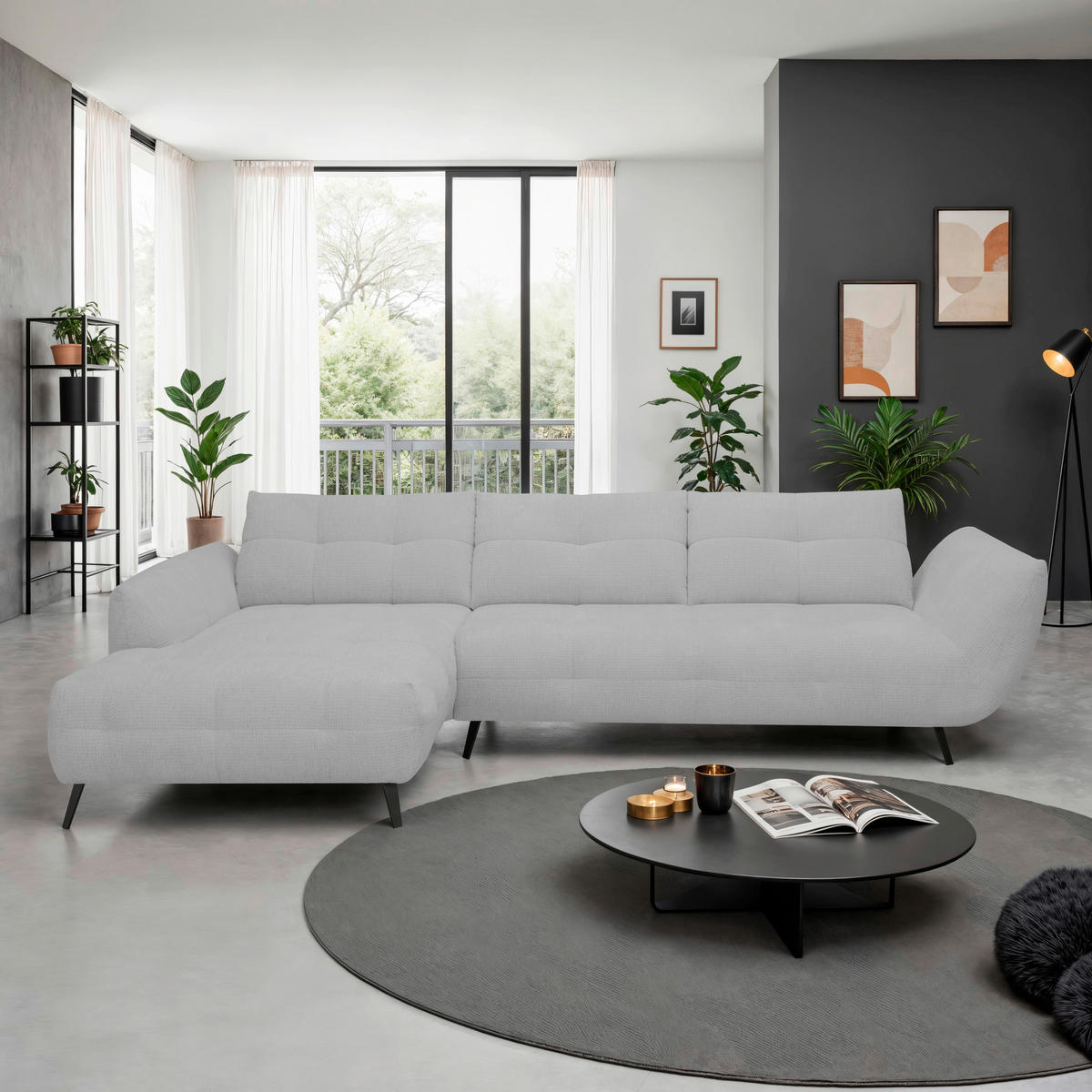 ECKSOFA Silberfarben Chenille Armlehnenkissen, Rücken echt, Sitztiefenverstellung  - Silberfarben/Schwarz, KONVENTIONELL, Textil/Metall (215/313cm) - Hom`in