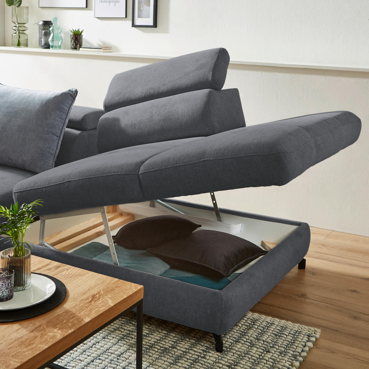 ECKSOFA inkl. Funktion Anthrazit Webstoff  - Anthrazit/Schwarz, Design, Textil/Metall (277/237cm) - Stylife