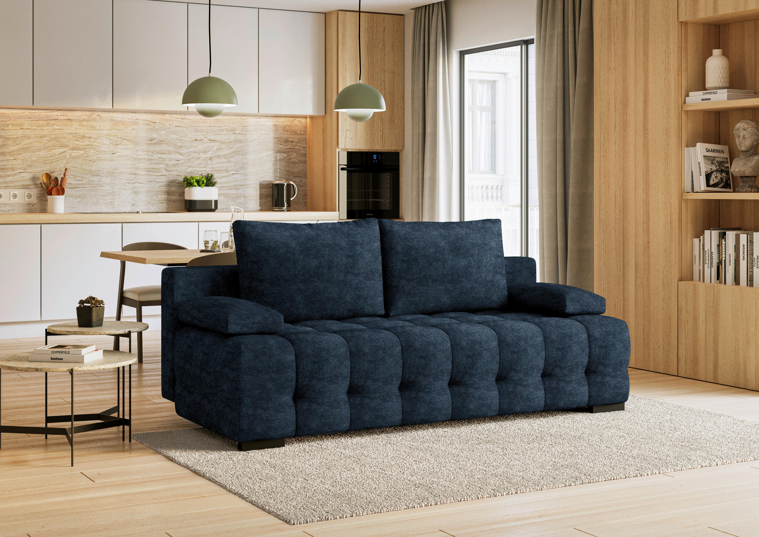 SCHLAFSOFA in Velours Dunkelblau  - Schwarz/Dunkelblau, KONVENTIONELL, Kunststoff/Textil (209/96/100cm) - Stylife