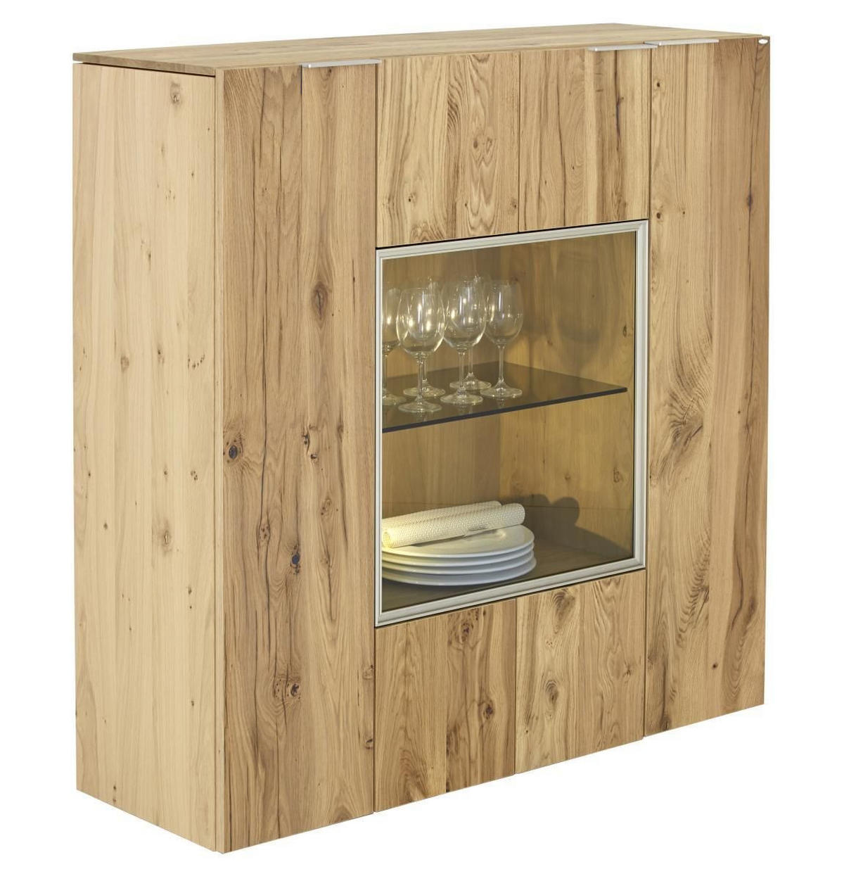 VISOKA KOMODA, barve hrasta  - srebrne barve/črna, Natur, kovina/steklo (128/130/42,3cm) - Voglauer