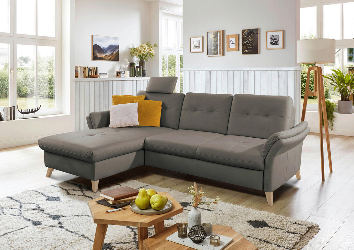 ECKSOFA Dunkelgrau Lederlook (vegan)  - Eichefarben/Dunkelgrau, Design, Holz/Textil (176/268cm) - Livetastic