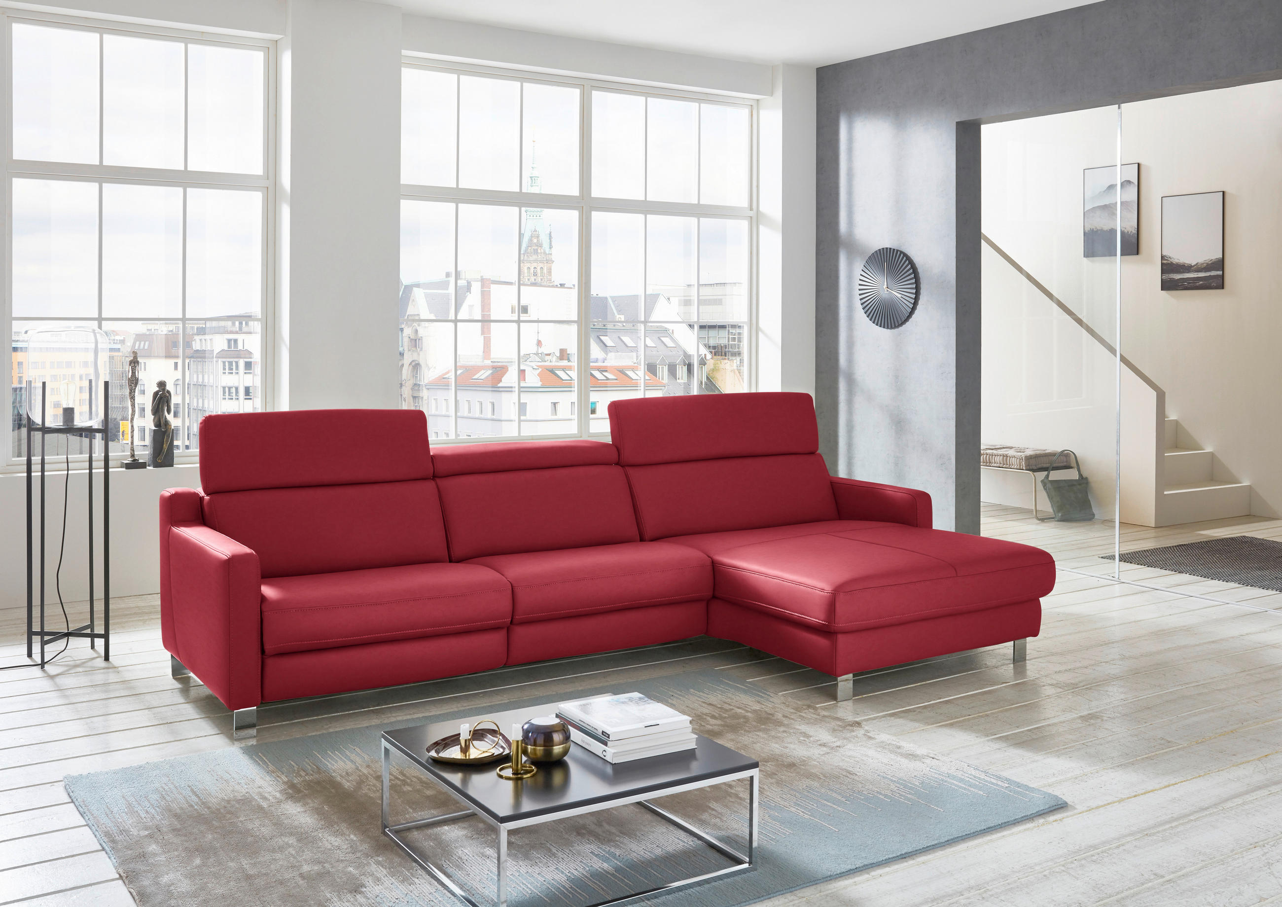ECKSOFA in Echtleder Rot  - Chromfarben/Rot, Design, Leder/Metall (291/176cm) - Valdera