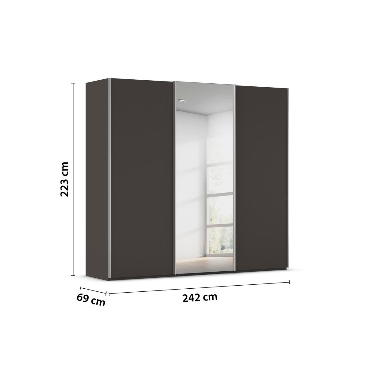 SCHWEBETÜRENSCHRANK 242/223/69 cm,  in Graphitfarben, Alufarben, 3 Tür(en)  - Alufarben/Graphitfarben, Basics, Glas/Holzwerkstoff (242/223/69cm) - Rauch Möbel