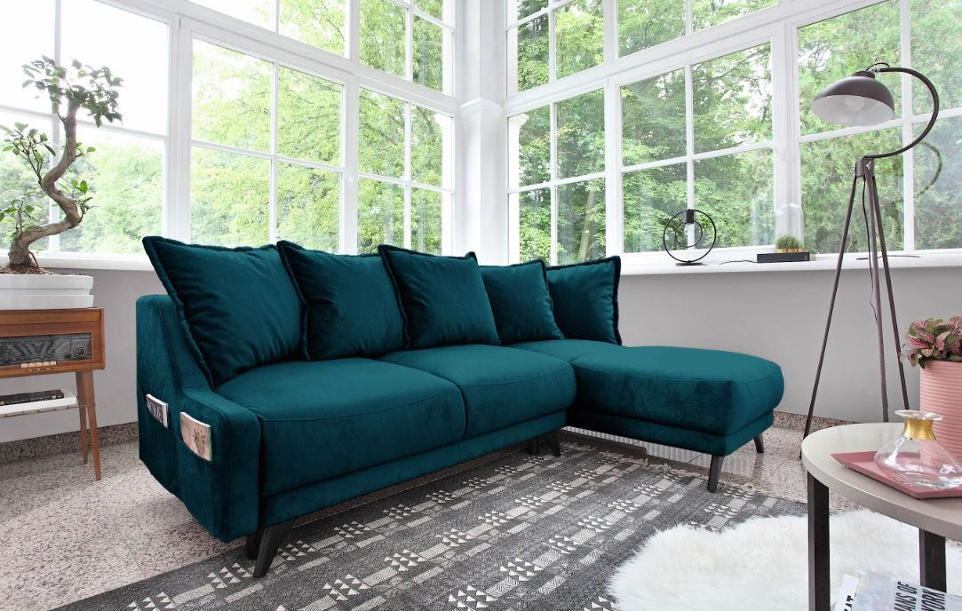 ECKSCHLAFSOFA Blau Velours - Blau/Schwarz, Basics, Holz/Textil (225/80/90/155cm) - MID.YOU