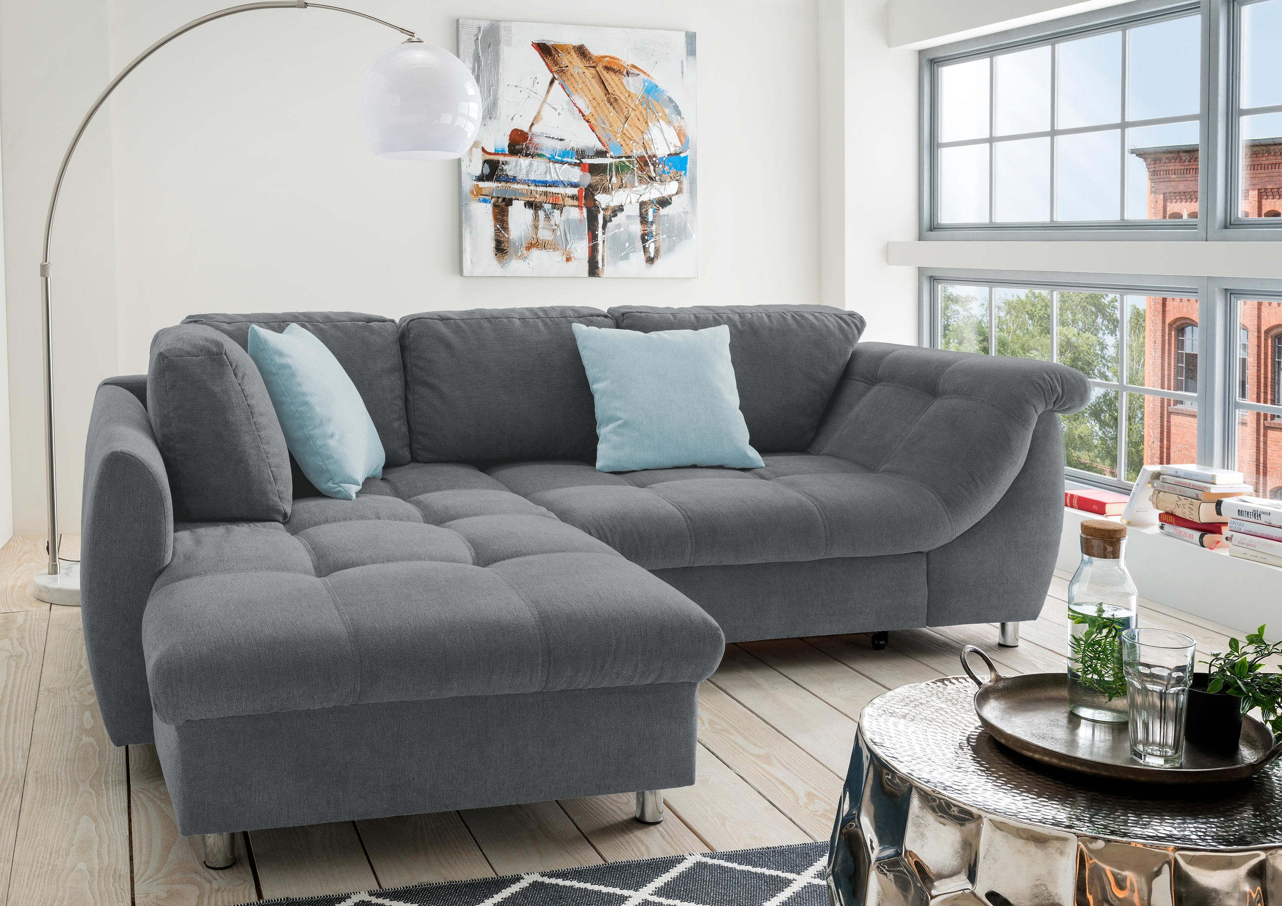 ECKSOFA Anthrazit, Pastellblau Mikrofaser - Chromfarben/Pastellblau, Design, Kunststoff/Textil (190/250cm) - Livetastic