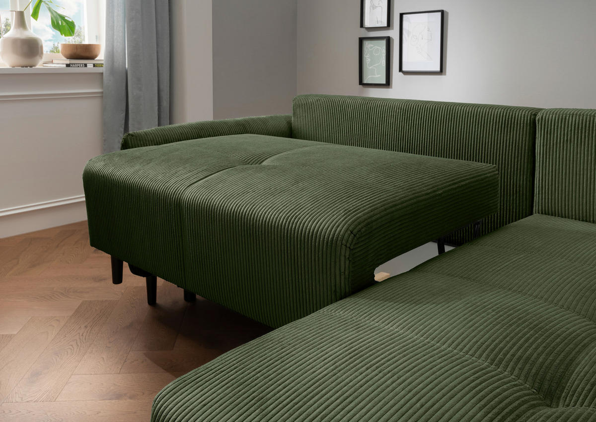 ECKSCHLAFSOFA in Cord Dunkelgrün  - Dunkelgrün/Schwarz, Basics, Holz/Textil (238/174cm) - Livetastic