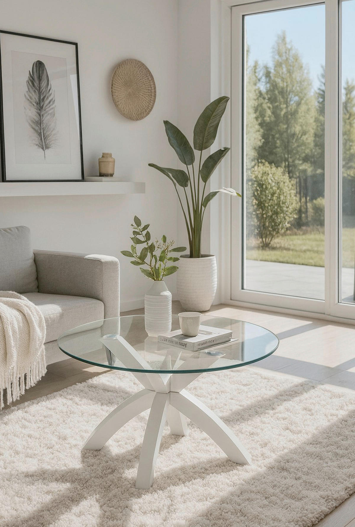 COUCHTISCH Eiche massiv ESG, Klarglas 80/80/40 cm rund Weiß  - Weiß, Design, Glas/Holz (80/80/40cm) - MID.YOU