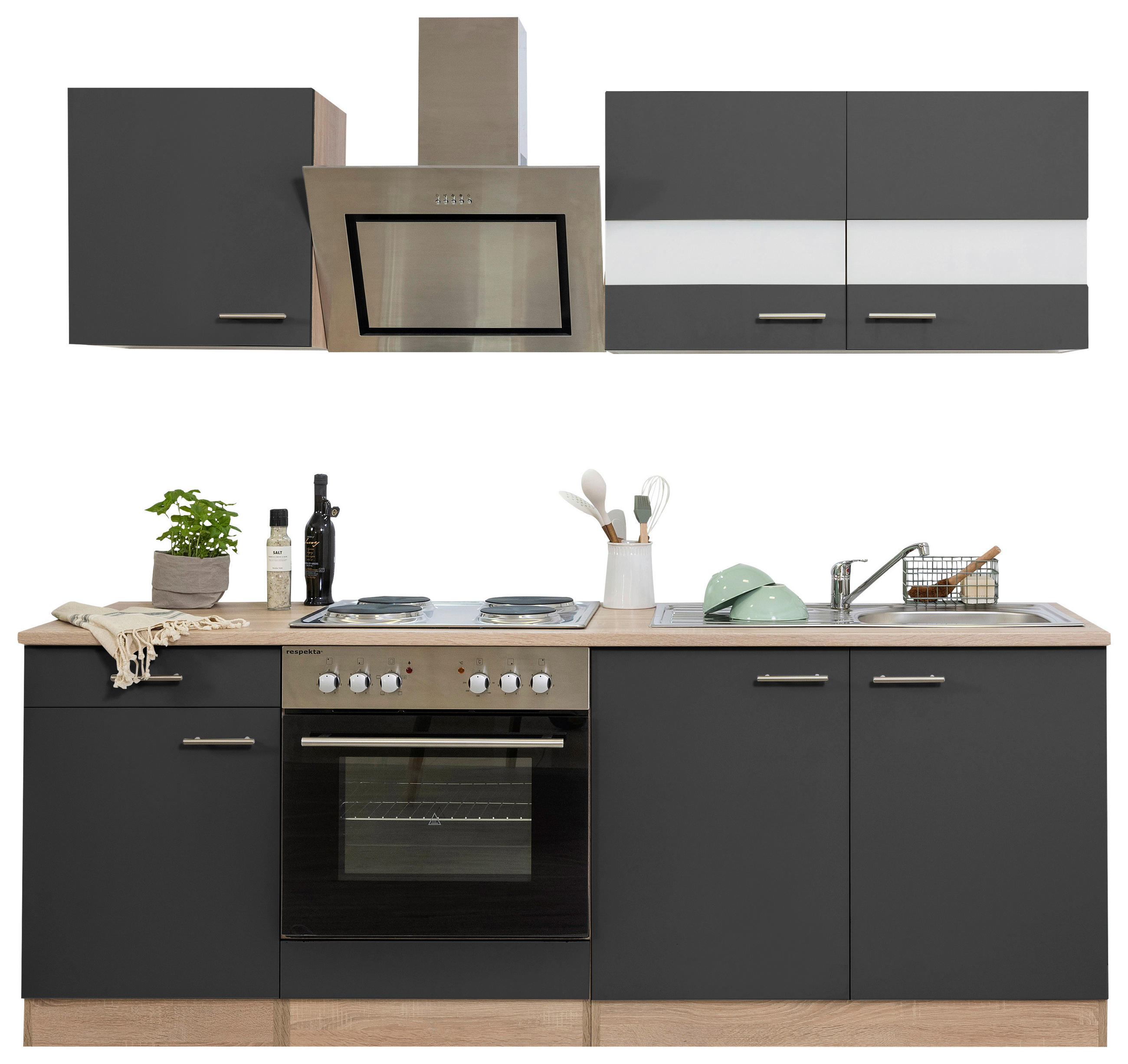 KÜCHENBLOCK 210 cm in Grau - Edelstahlfarben/Eichefarben, Basics, Holzwerkstoff/Metall (210cm) - Respekta